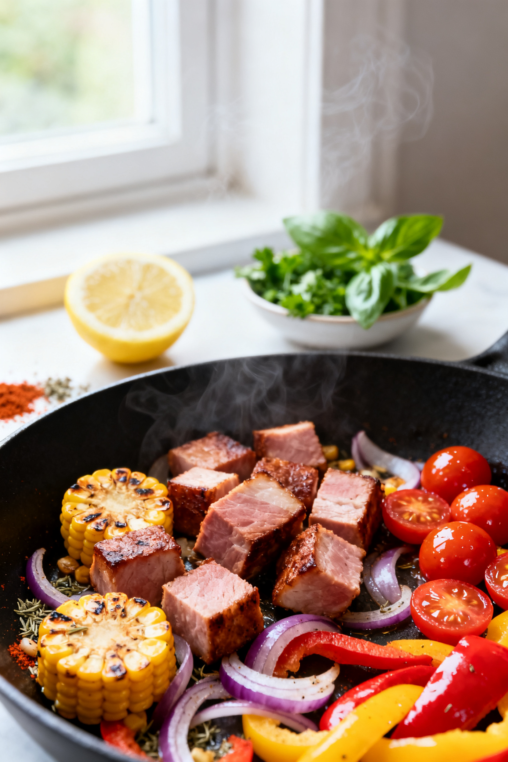 Cooking process — Searing leftover ham in a colorful summer skillet: close-up of browned ham cubes