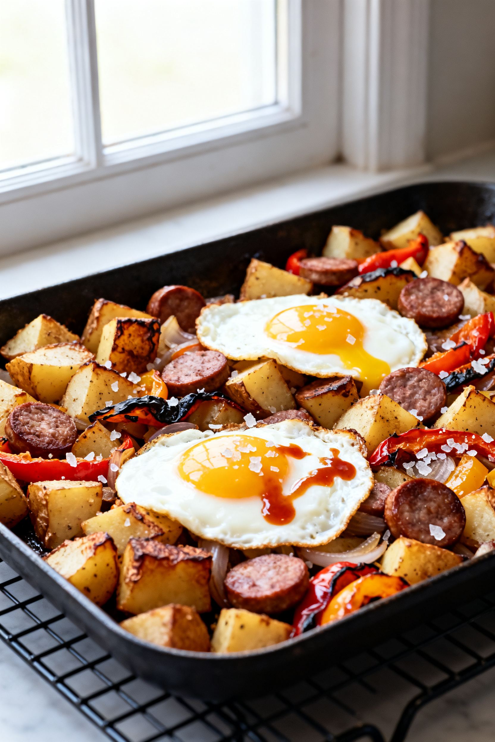 Cooking process: Sheet-pan breakfast hash at peak roast in the oven pulled onto a cooling rack, cube