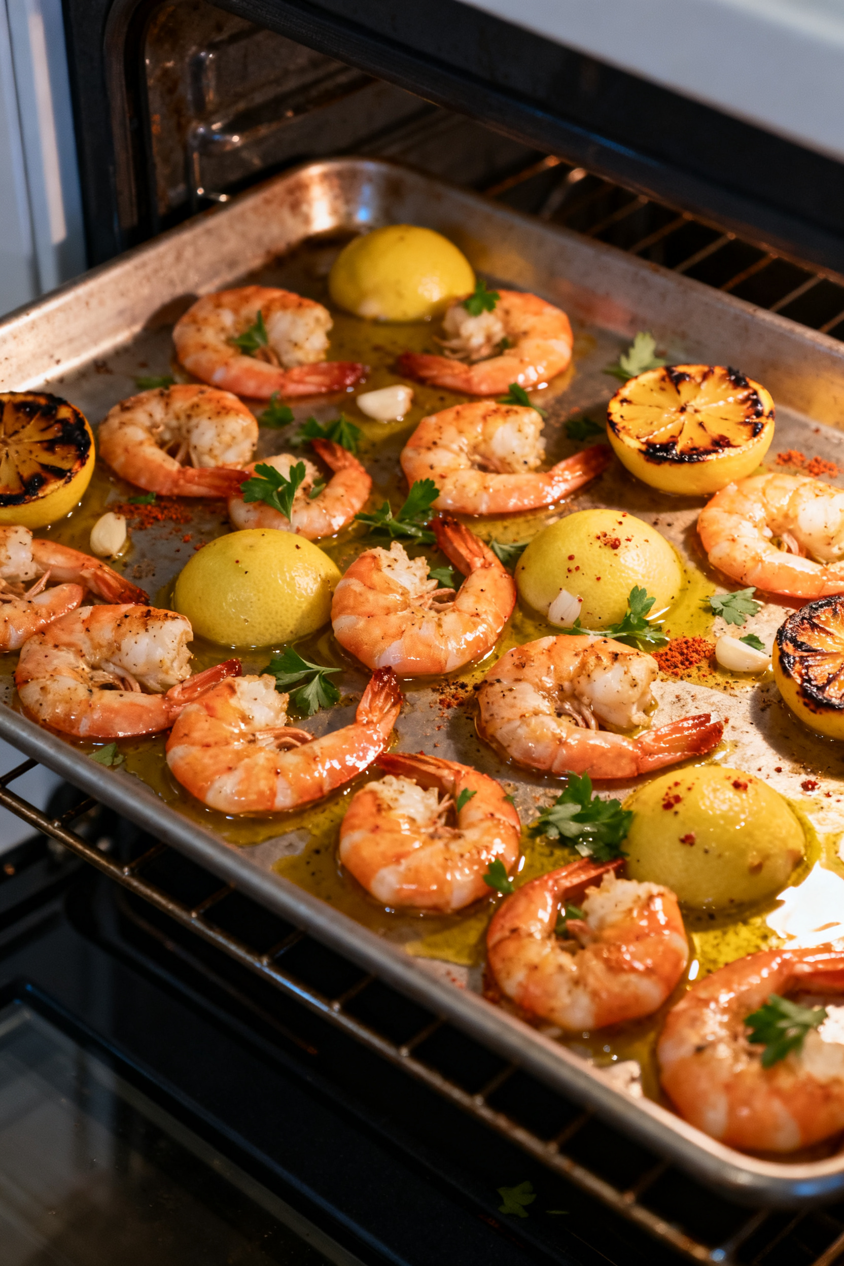 Cooking process: Sheet pan shrimp roasting at peak doneness—spaced evenly, just turned pink with g