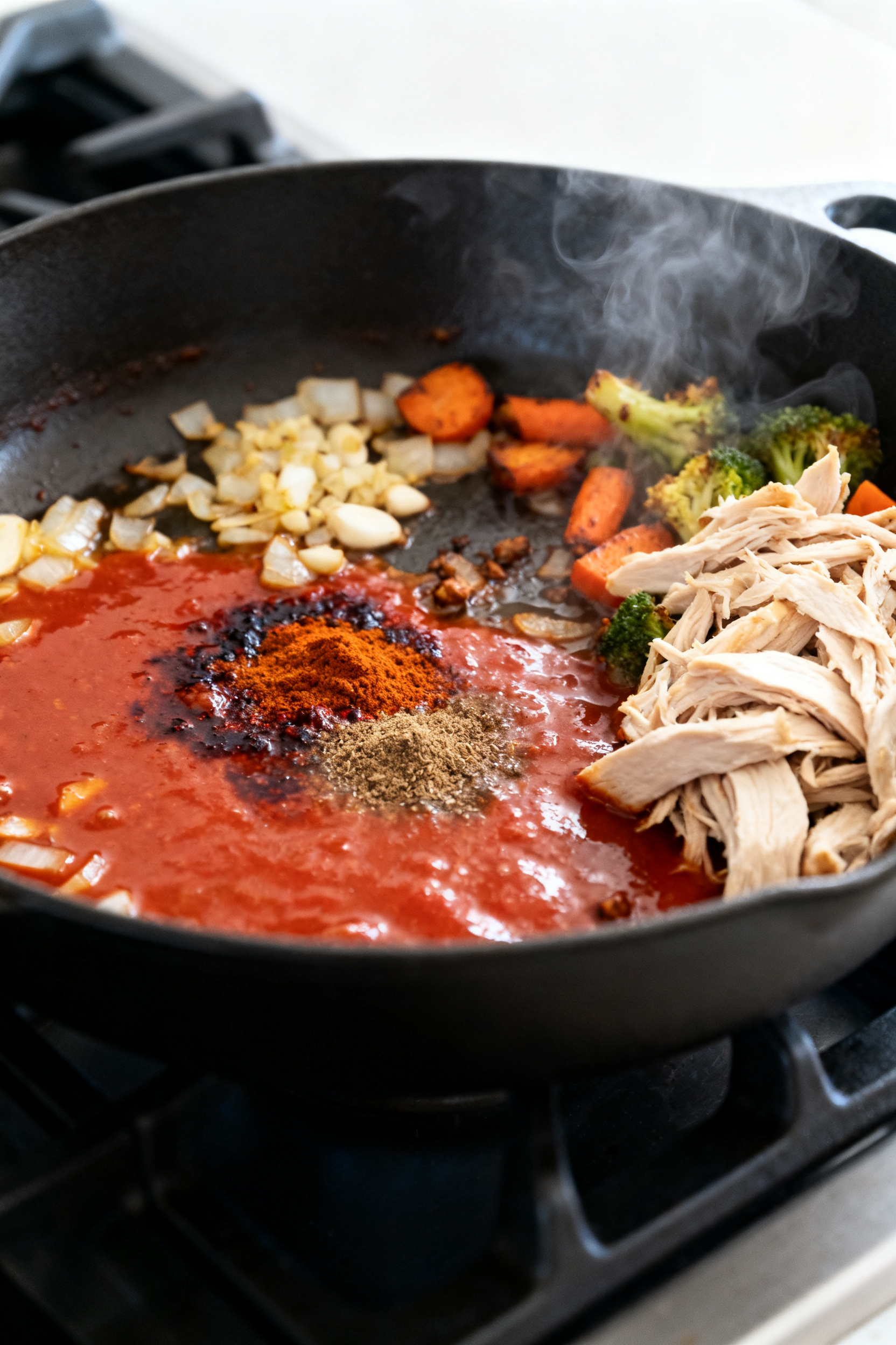 Leftover Recipes — One Last Portion, One Full Meal - Turn Scraps Into Something Satisfying Cooking process shot: A wide, shallow skillet on the stovetop with onion and minced garlic sautéed