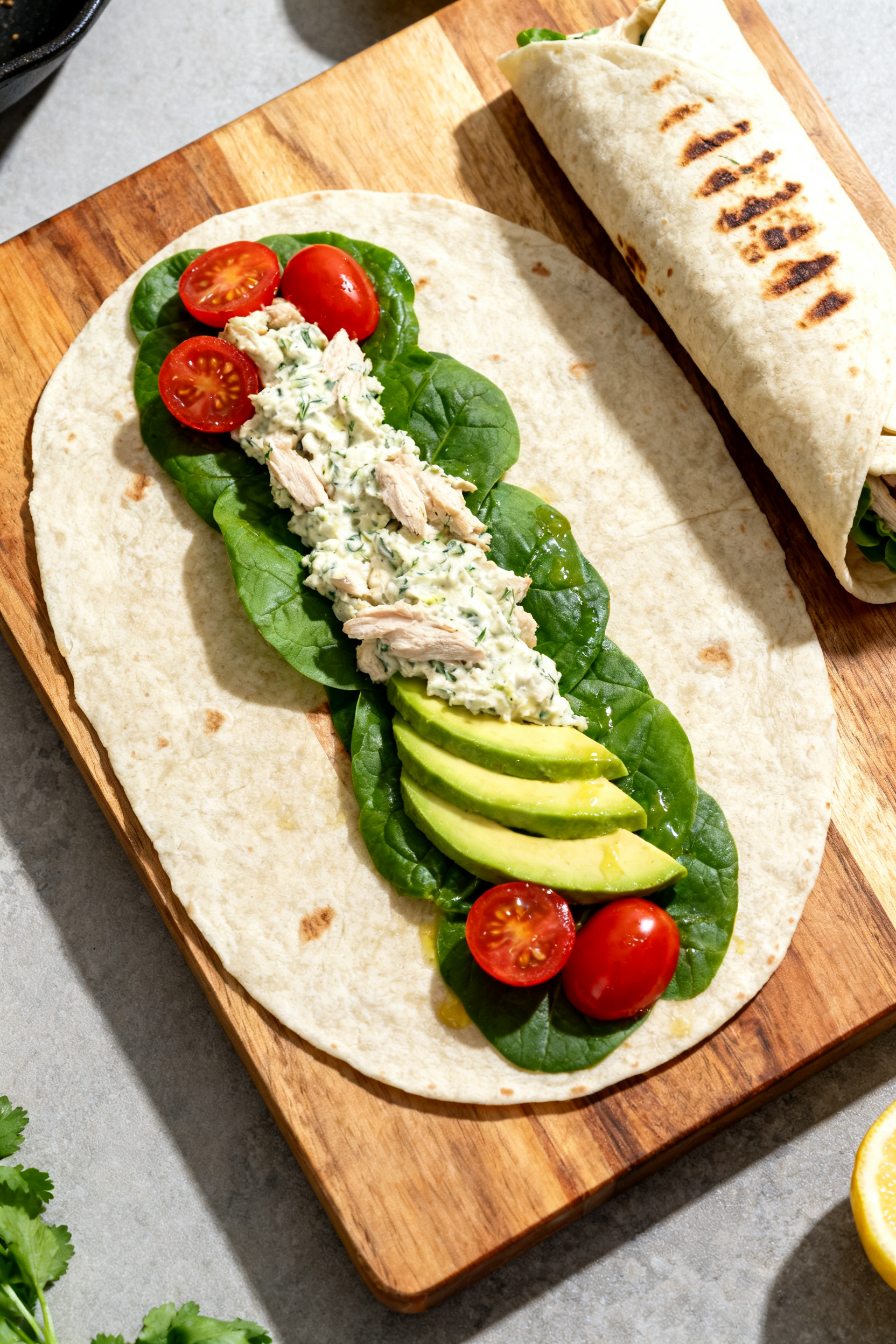 Easy Summer Recipes — No One Believes How Easy This Is - Fresh, Fast, and Foolproof Cooking process shot (assembly): Zesty No-Cook Lemon Herb Chicken Wrap being rolled on a wooden boar