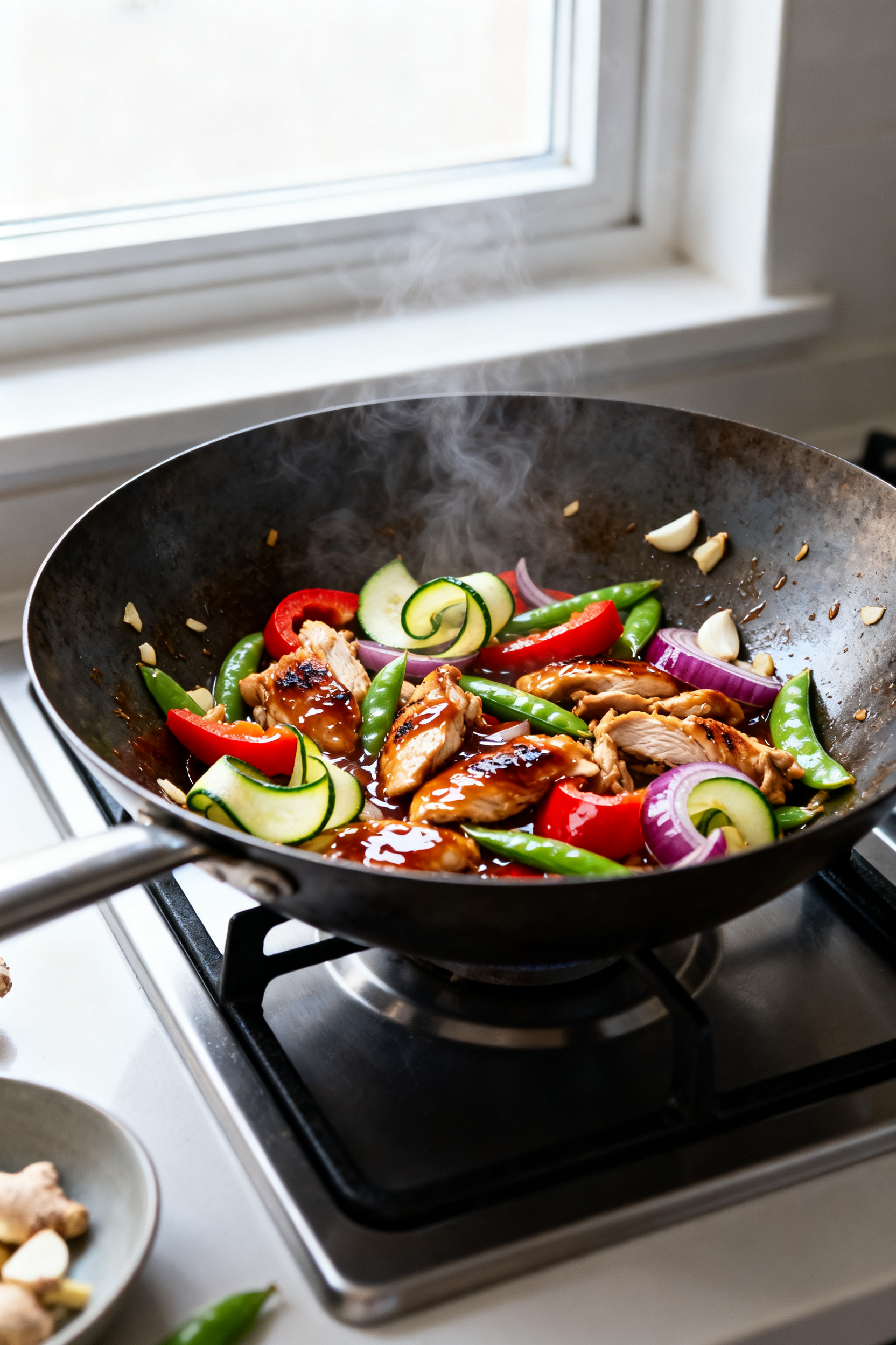 Cooking process shot: Leftover chicken stir-fry sizzling in a hot wok, glossy soy-honey-hoisin sauce