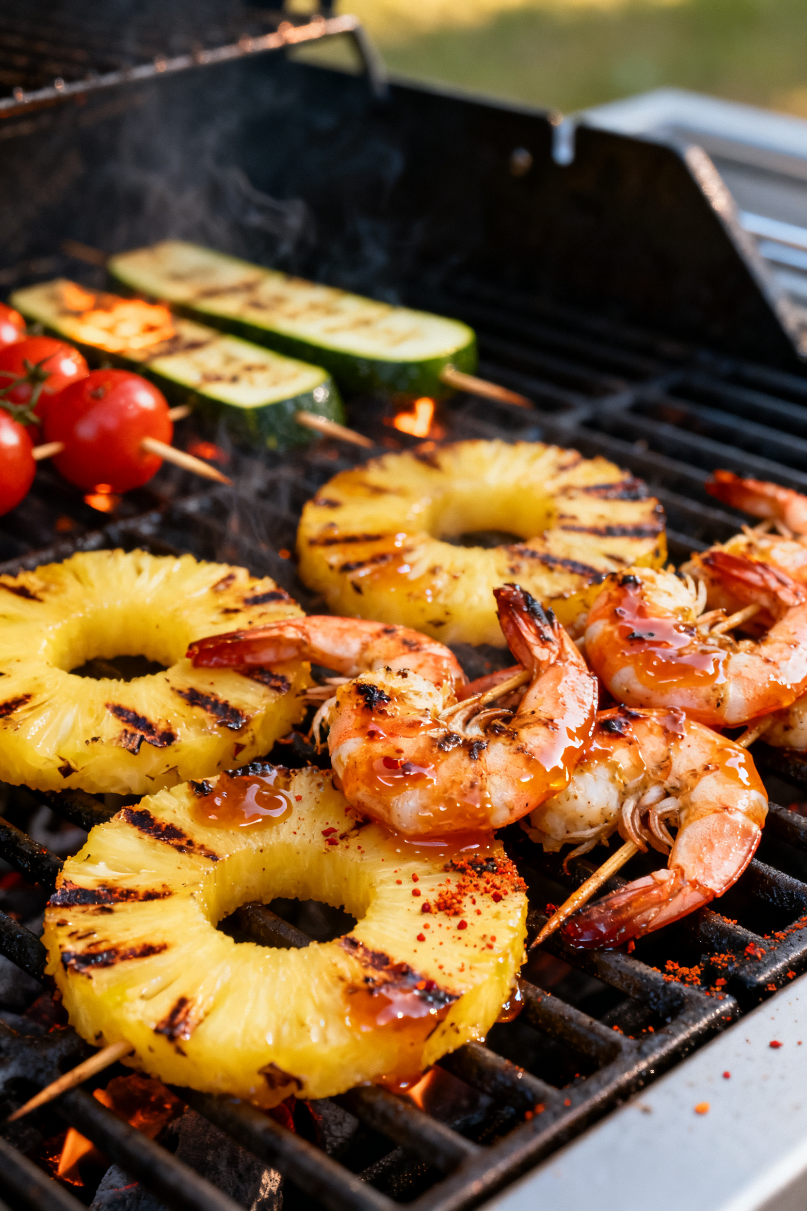 Grill Meals — 6 Summer Leftover Dinners From One Session - Easy Batch-Cooked Weeknight Wins Cooking process: Shrimp and pineapple caramelizing on a hot grill, close-up of lightly charred shrim