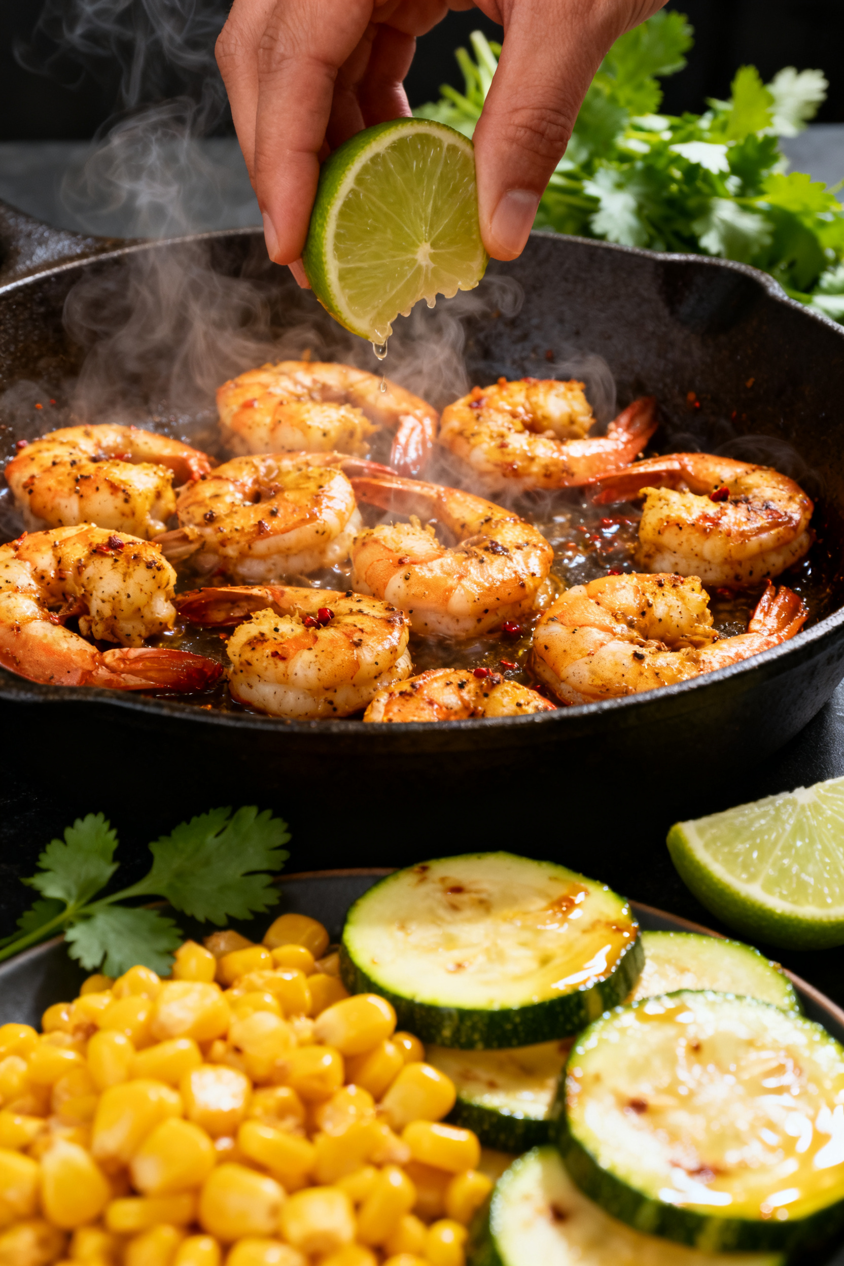 Cooking process: Shrimp grain bowl components in action—cumin-chili shrimp sizzling in a skillet w