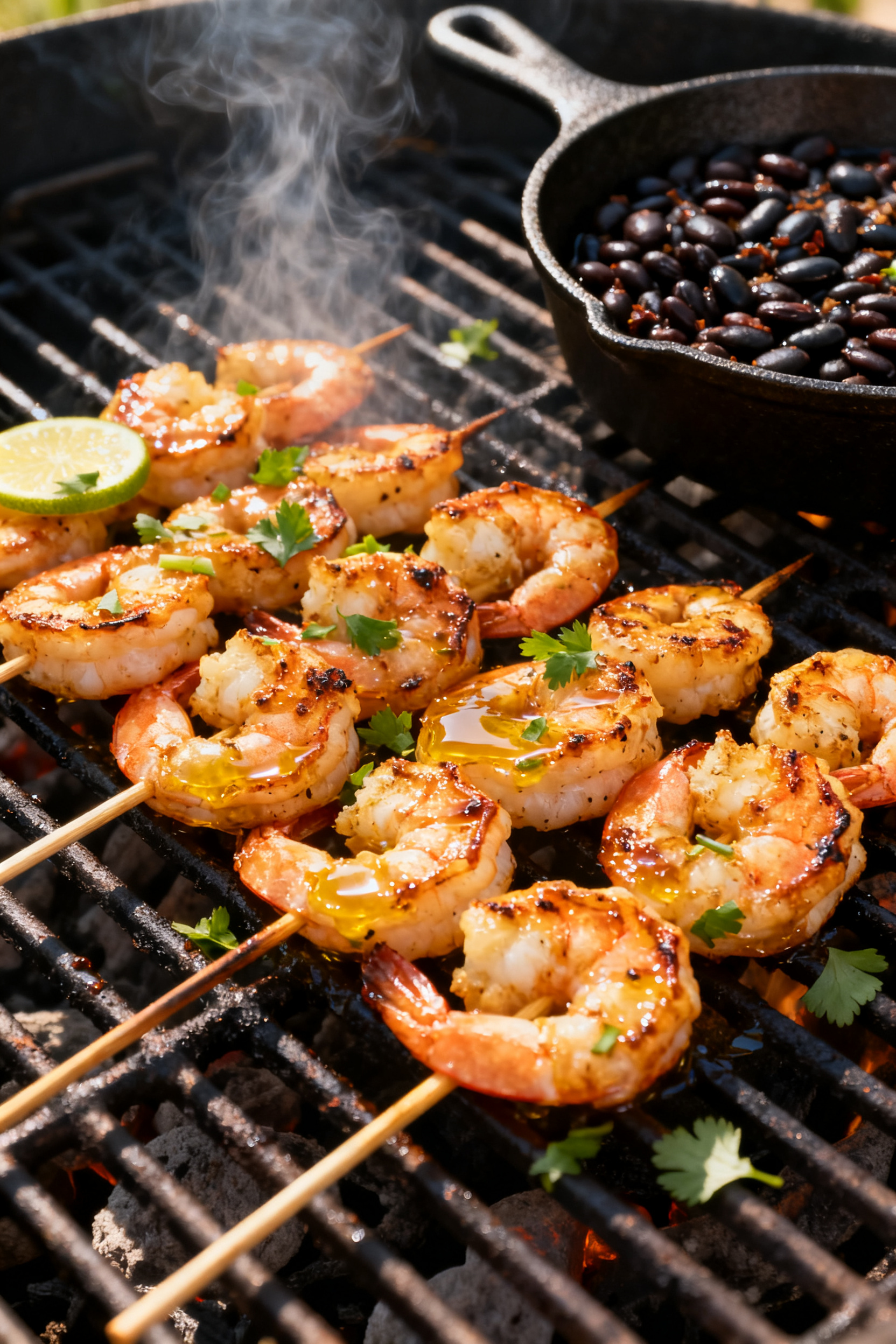 Cooking process – shrimp on the grill: Juicy chili-lime shrimp skewers sizzling over grill grates,