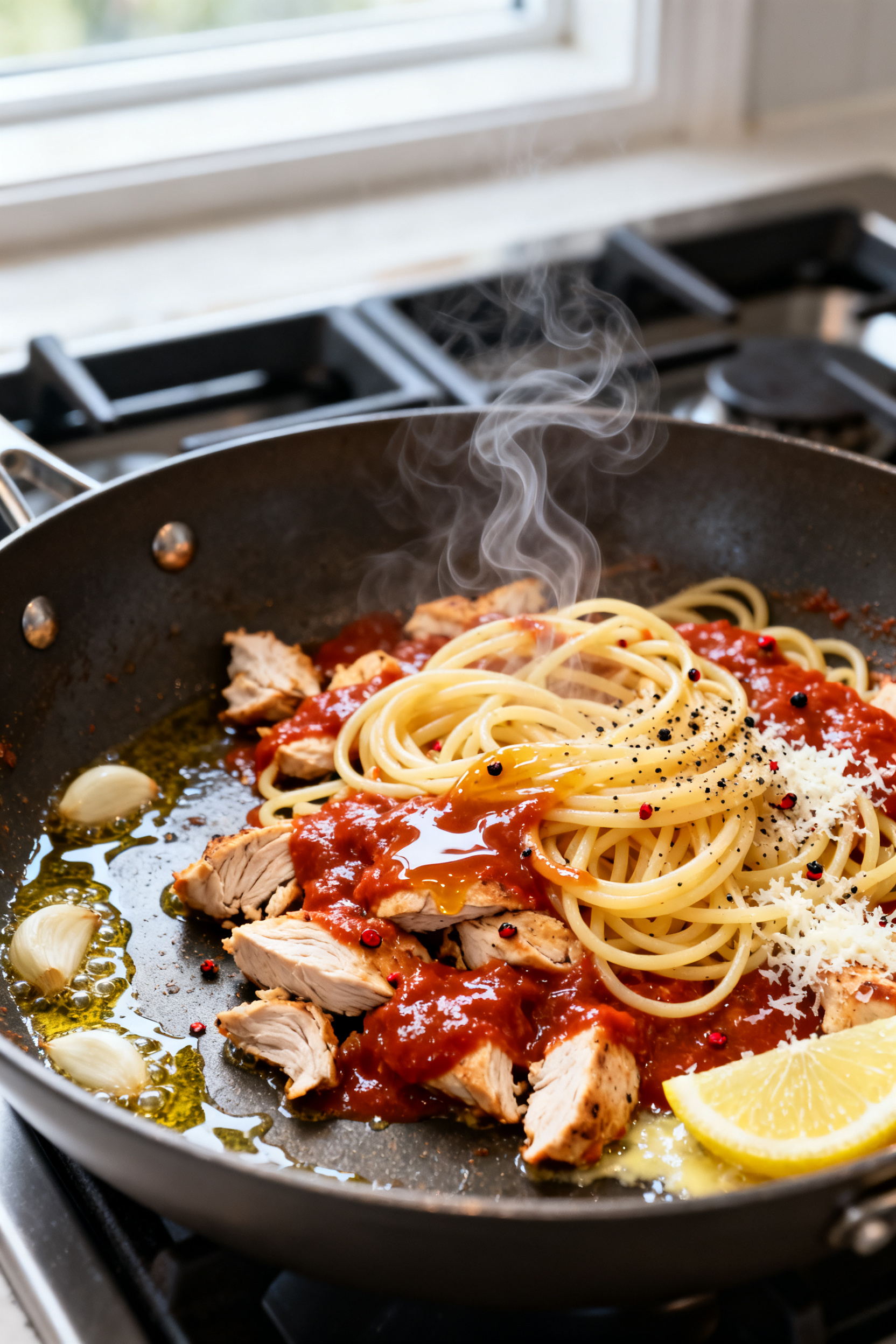 Leftover Chicken Recipes — Wait... This Was Leftovers? - Easy, Fresh Ways to Revive Cooked Chicken Cooking process — Skillet Chicken Pasta: Sautéed garlic shimmering in olive oil as chopped leftov