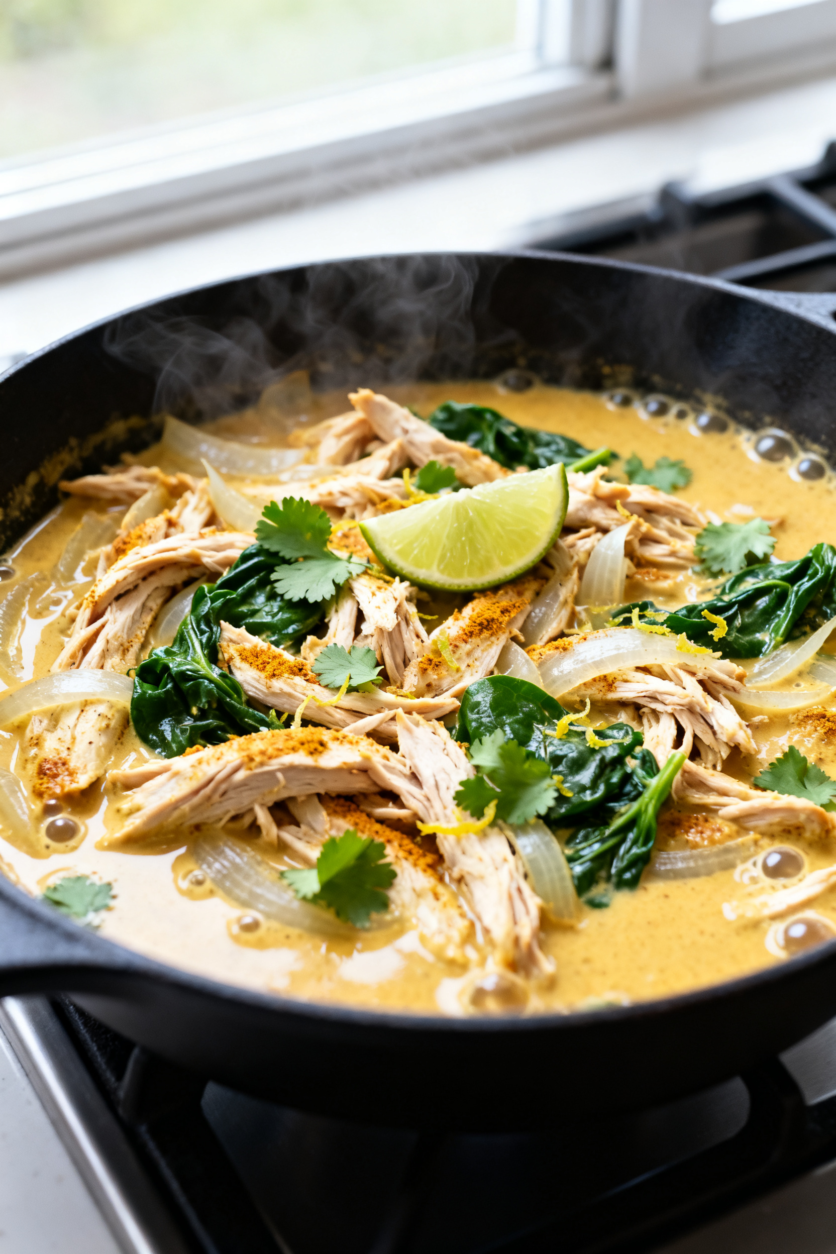 Cooking process, skillet close-up: Shallow depth-of-field shot of a creamy curry coconut chicken ski