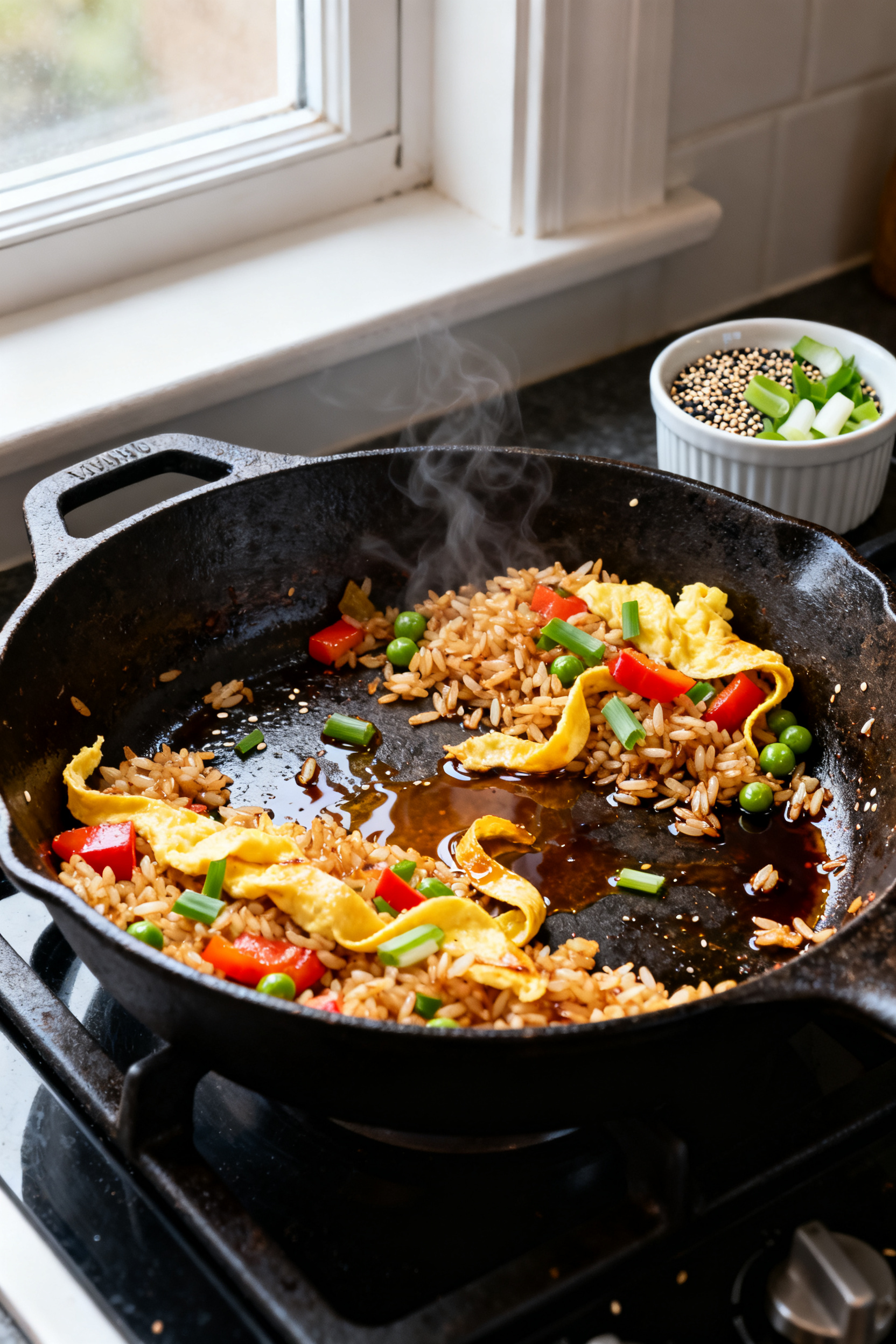 Cooking process — Skillet Fried Rice: A well-seasoned cast-iron skillet on the stove with leftover