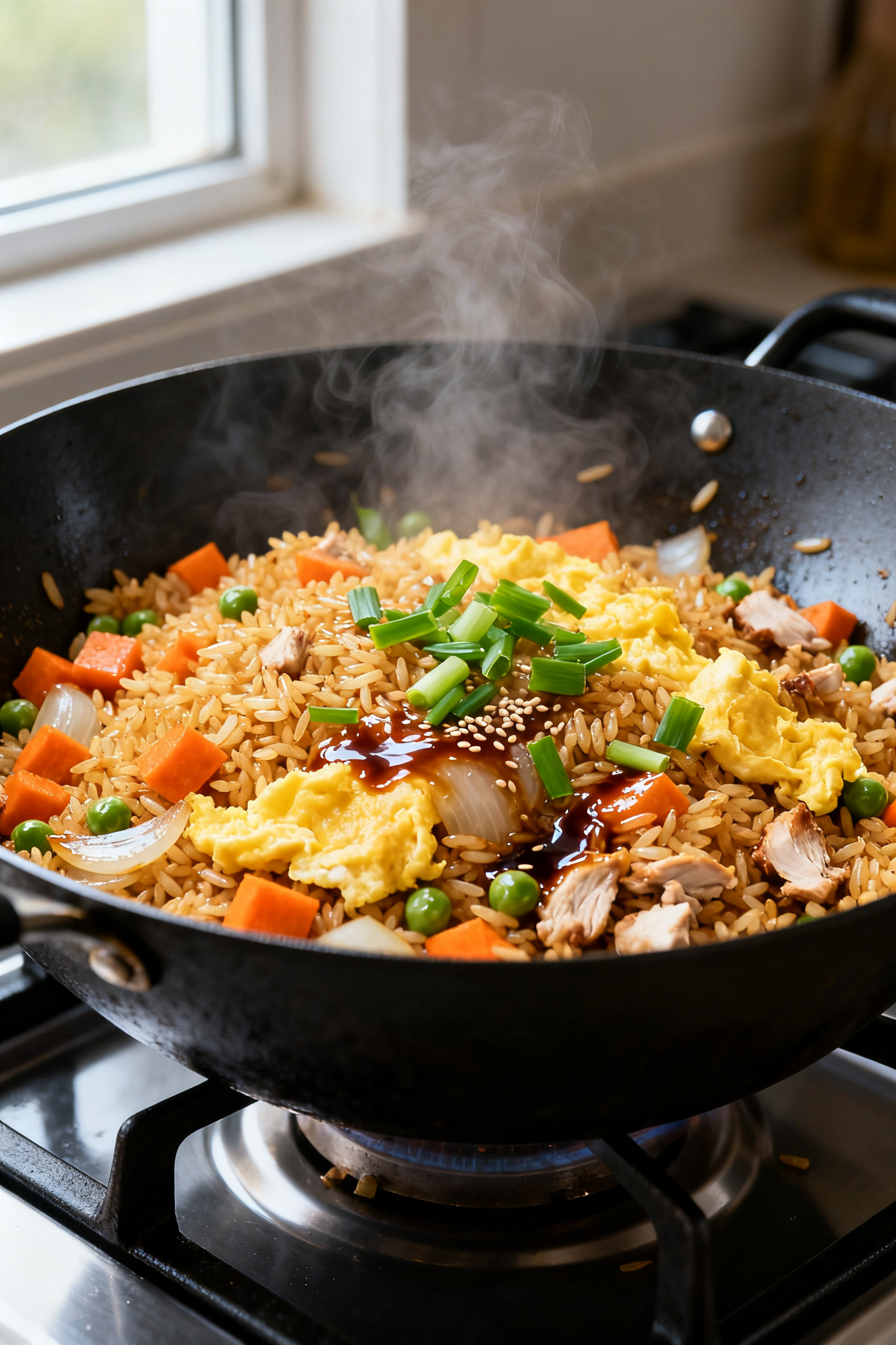 Cooking process – Skillet Fried Rice: Action shot of golden fried rice being stir-fried in a large