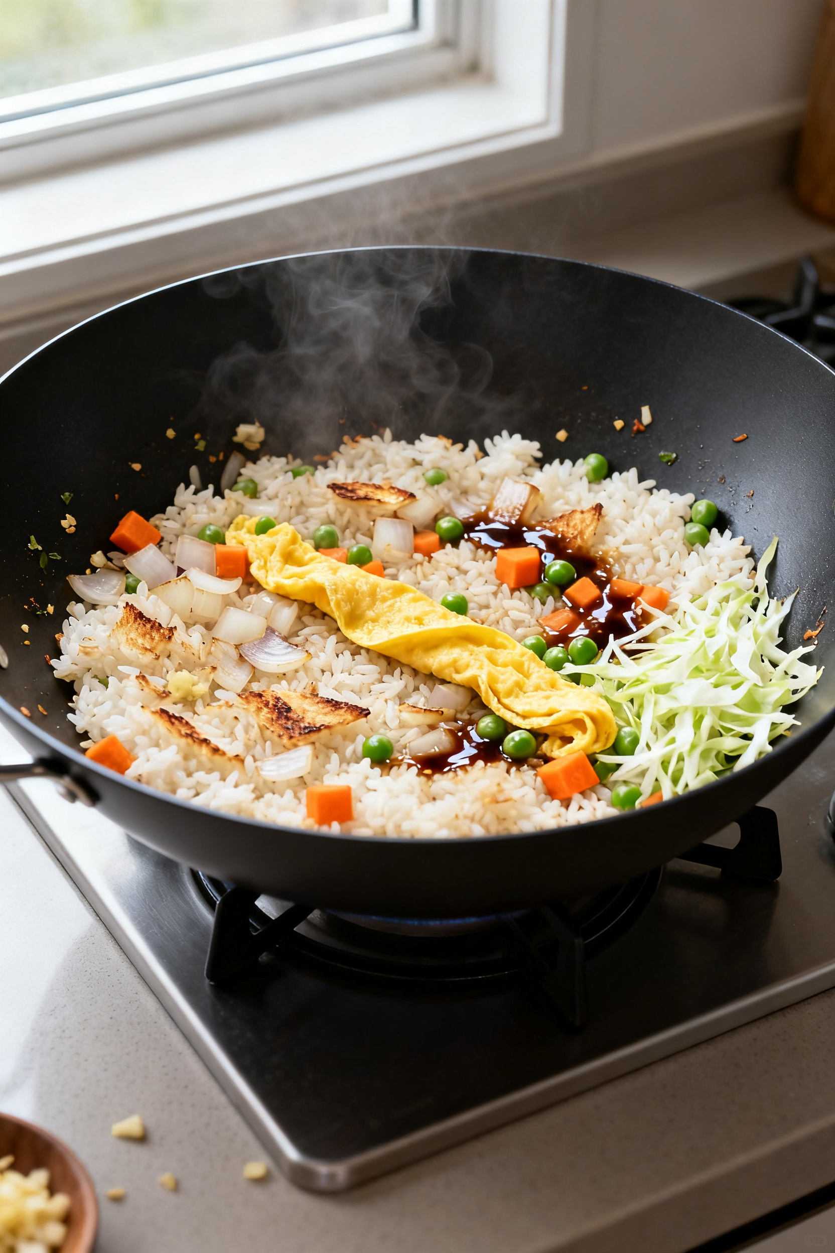 Cooking process: Spring Veggie Fried Rice sizzling in a wide wok over medium-high heat, overhead sho
