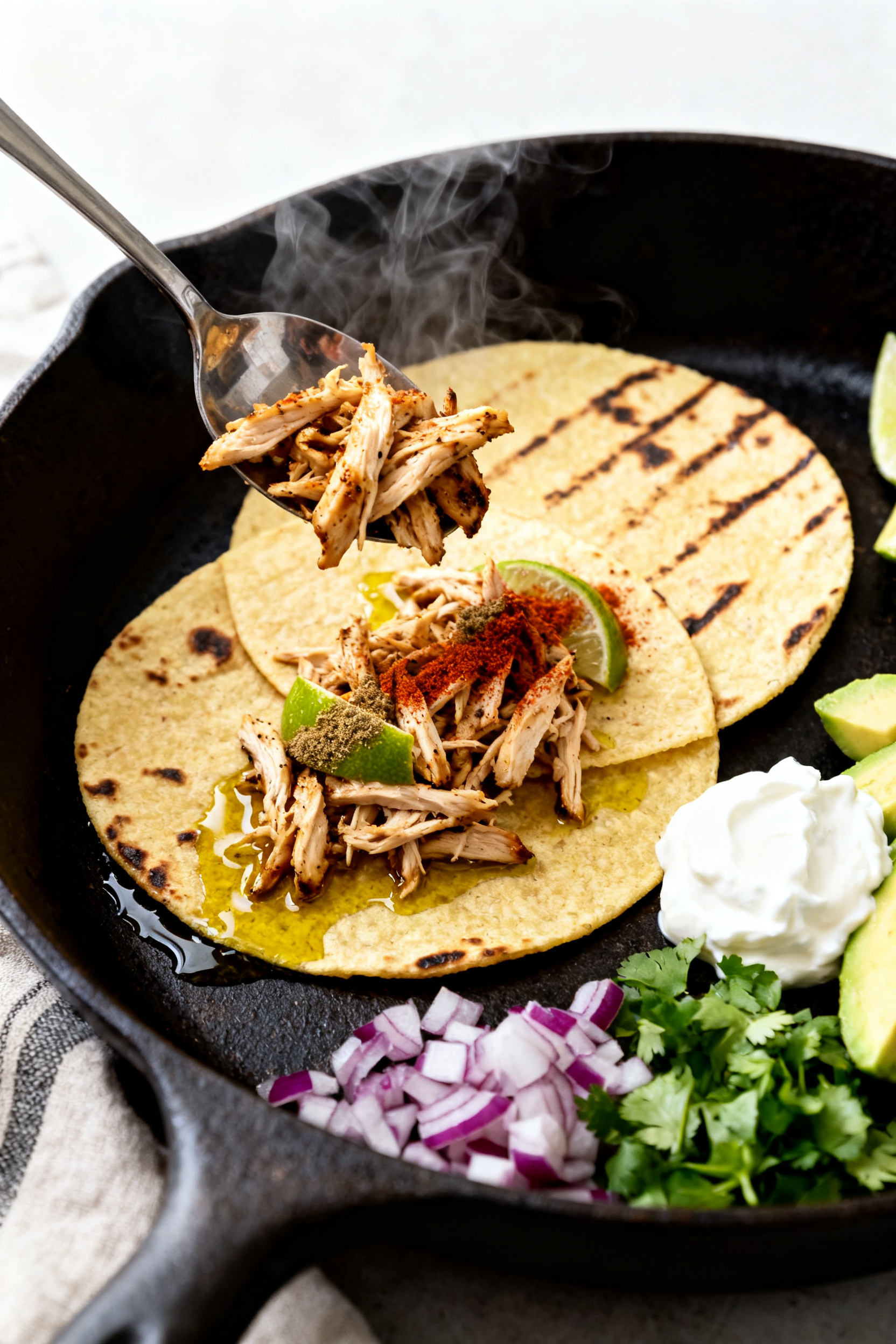 Cooking process — Street-Style Chicken Tacos being assembled: close-up of warm, lightly charred co