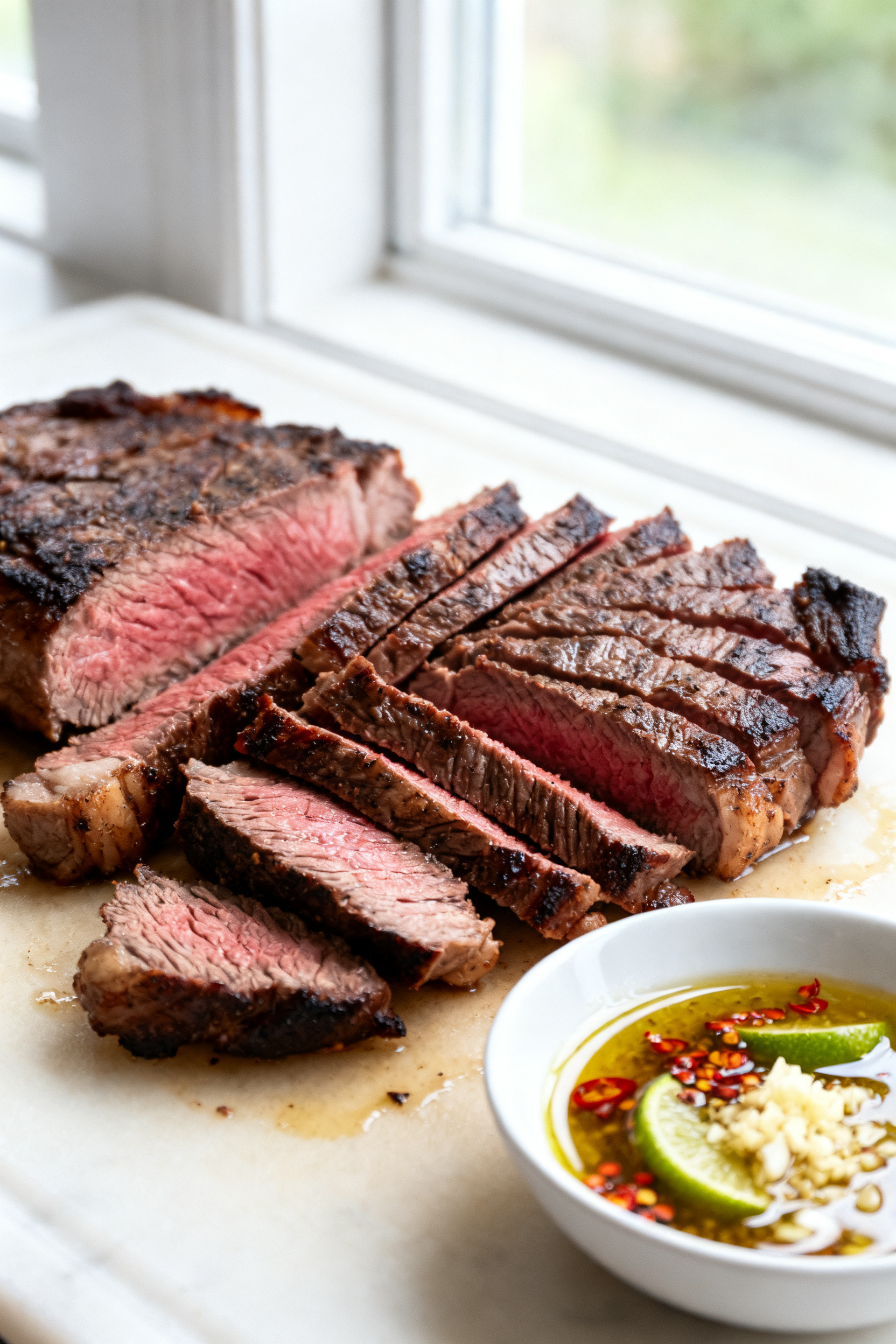 Cooking process — Thin-slicing leftover steak against the grain: Close-up of tender, medium-rare s