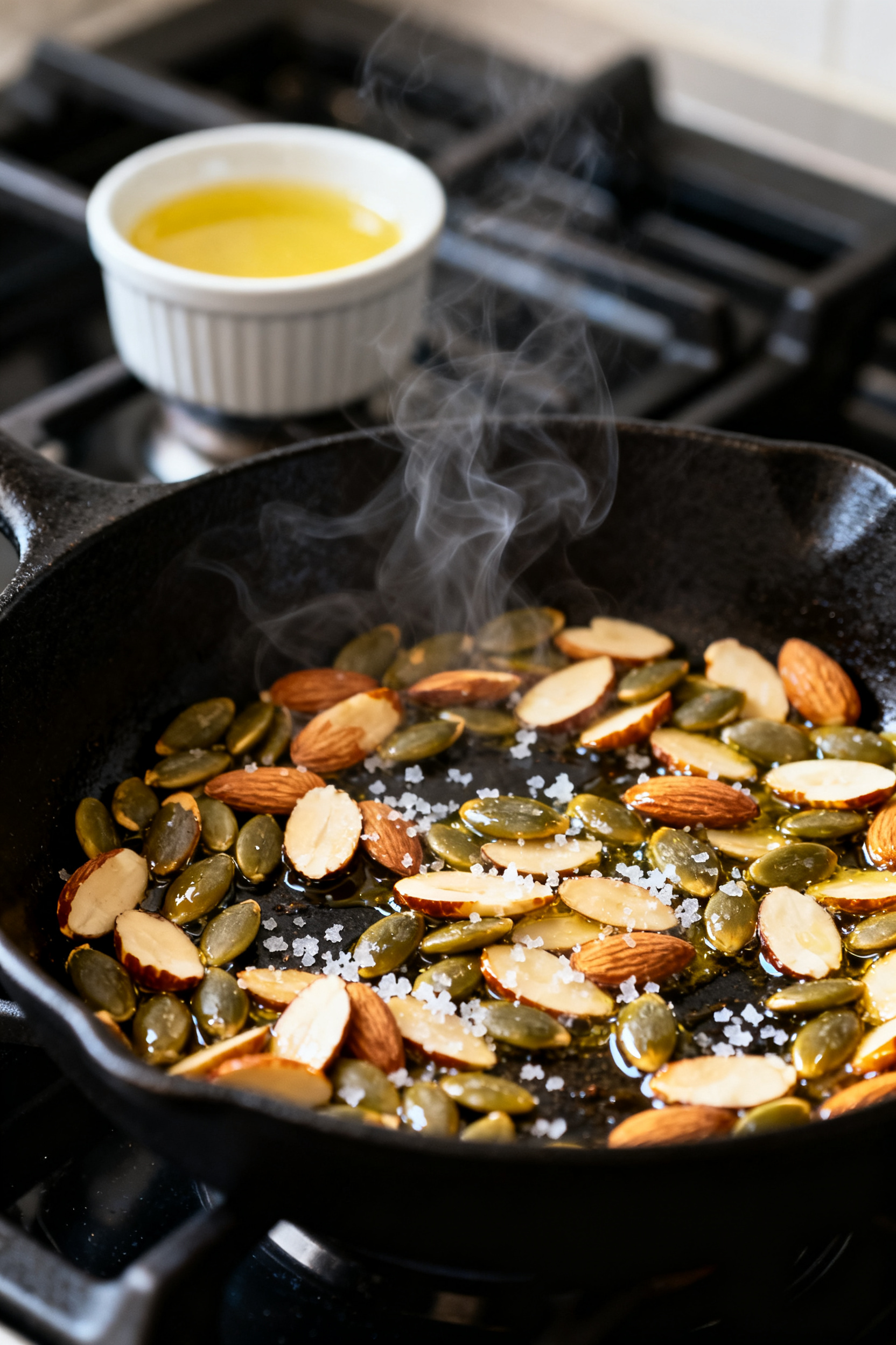 Cooking process — Toasting the crunch: Close-up of toasted pumpkin seeds and sliced almonds just o