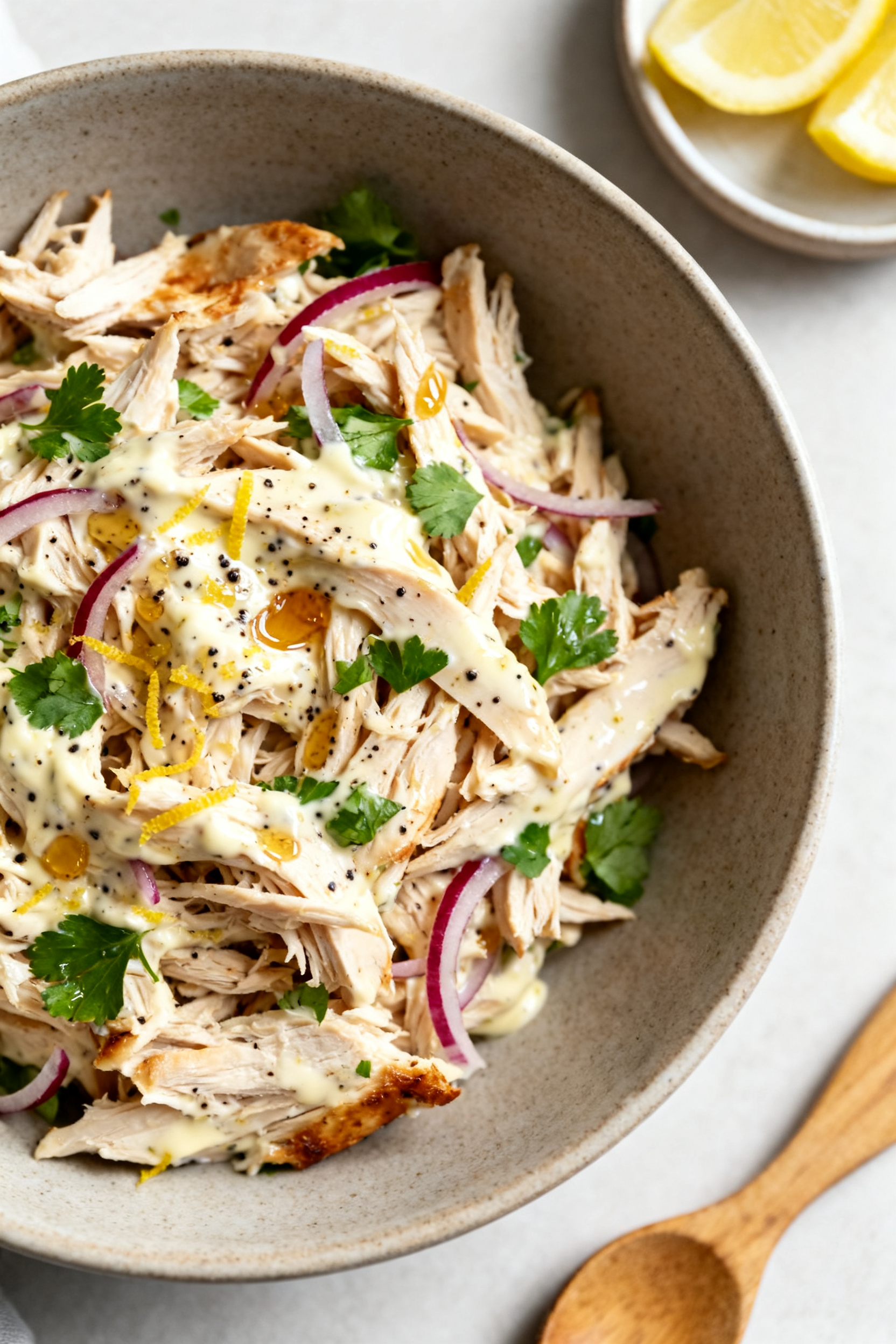 Cooking process — Tossing leftover rotisserie chicken in creamy lemon-Dijon yogurt dressing: close