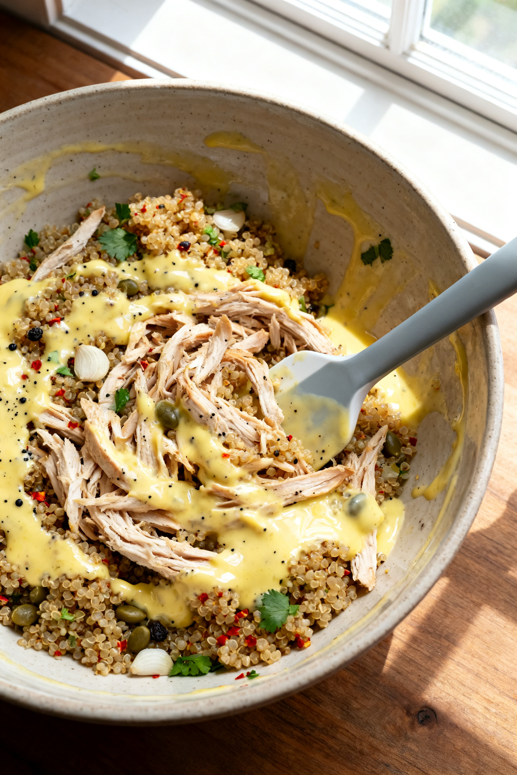 Cooking process — tossing stage: Overhead shot of a large ceramic mixing bowl with glossy, pourabl
