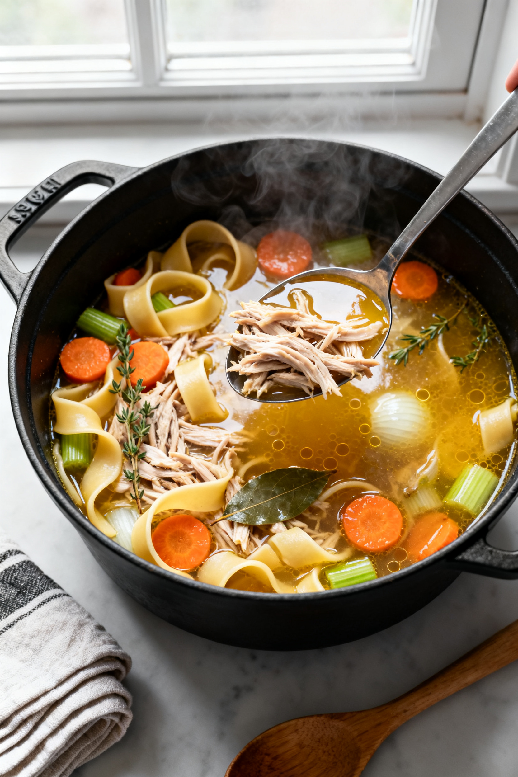 Don't Go to the Store — Use This → "Leftover Turkey Recipes — Don't Go to the Store" - Easy, Flavorful Ways to Use What You Have Cooking process — turkey noodle soup: Steaming pot of turkey noodle soup mid-simmer, overhead angl