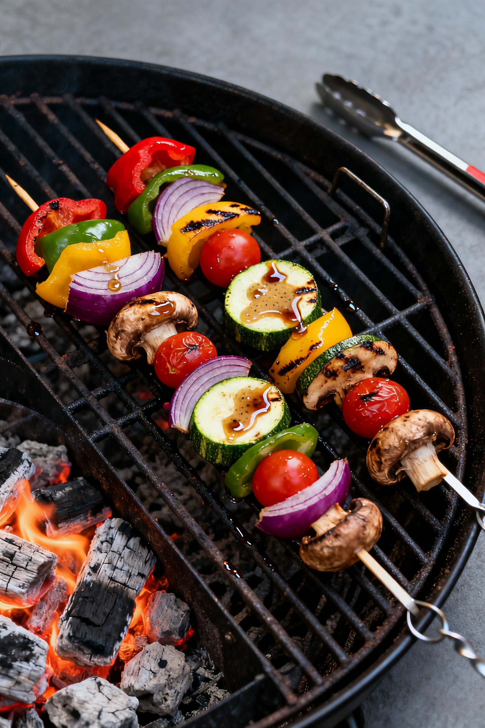 Cooking process: Veggie skewers over direct heat on a clean grill, overhead three-quarter shot showi