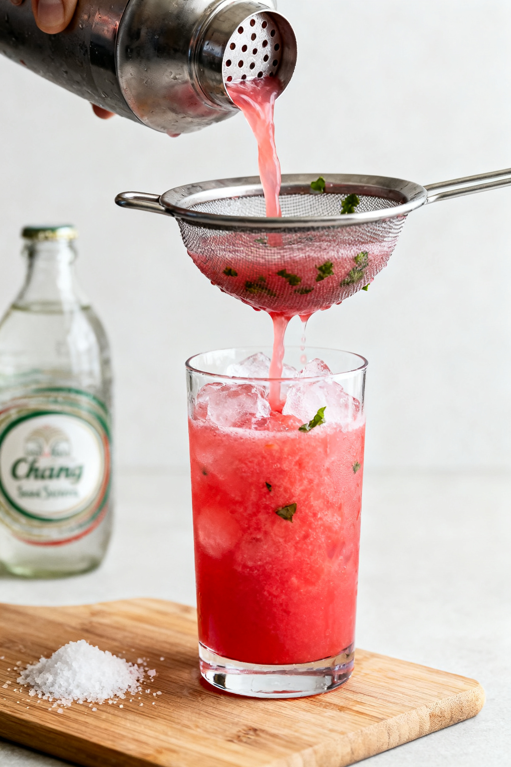 Summer Mocktail Recipes — One Sip and You'll Understand - Bright, Fresh, and Easy Sips Cooking process: Watermelon Basil Cooler being strained from a shaker into an ice-filled highball gl