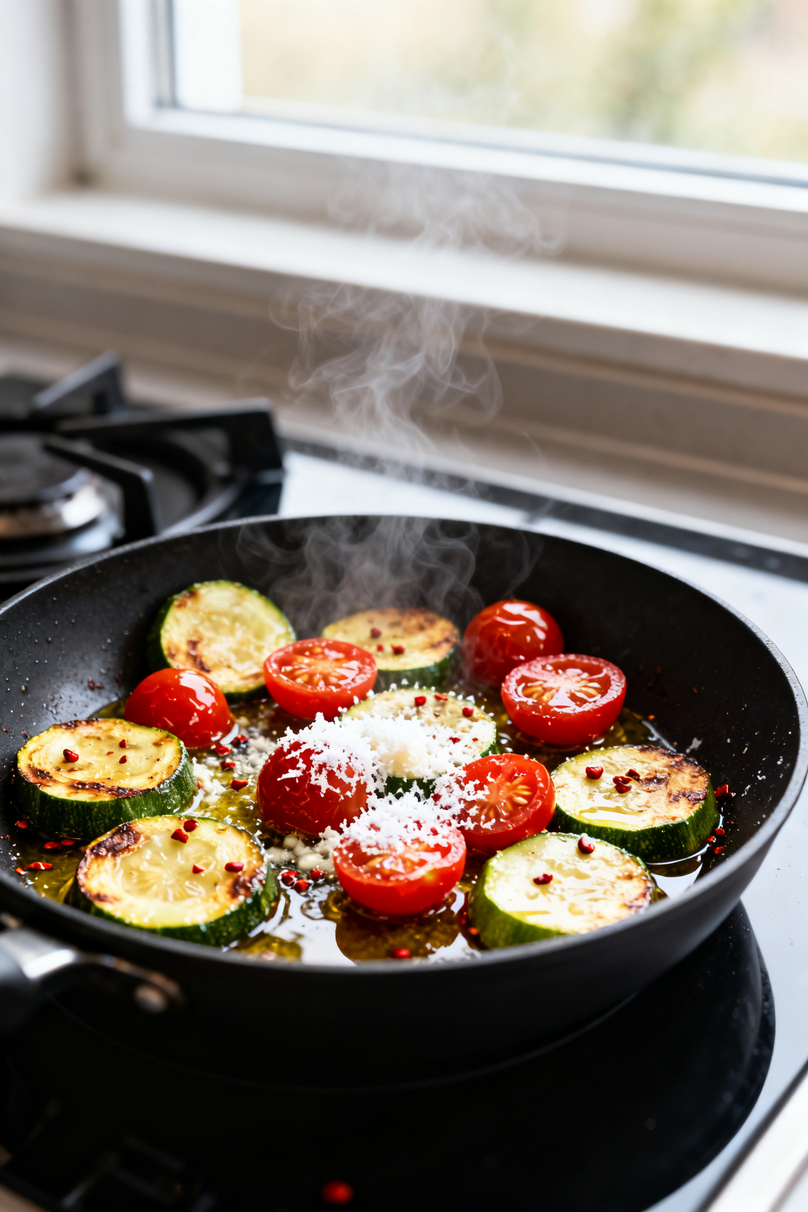 Cooking process — Zucchini Pasta Toss: Sautéed zucchini rounds and halved cherry tomatoes glisten