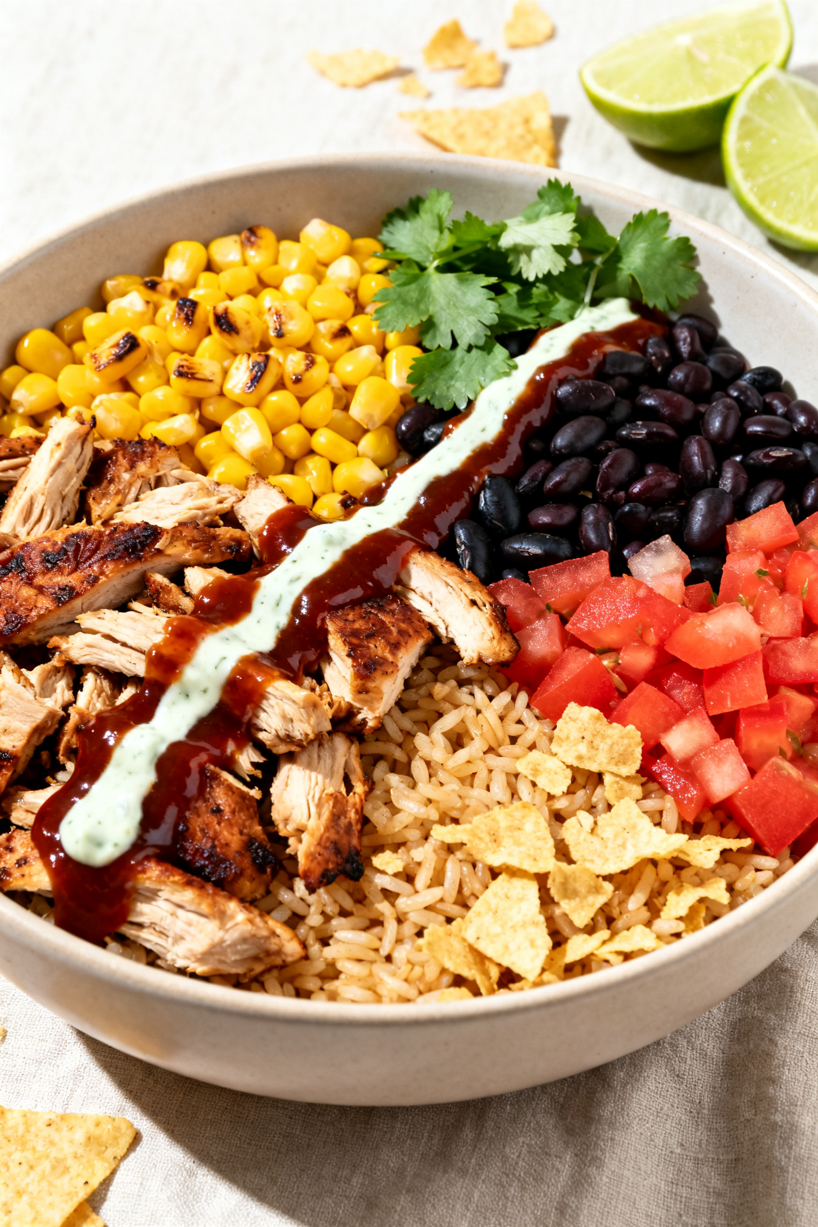 Final dish — BBQ Chicken Bowl: Beautifully plated BBQ chicken rice bowl in a wide, low ceramic bow