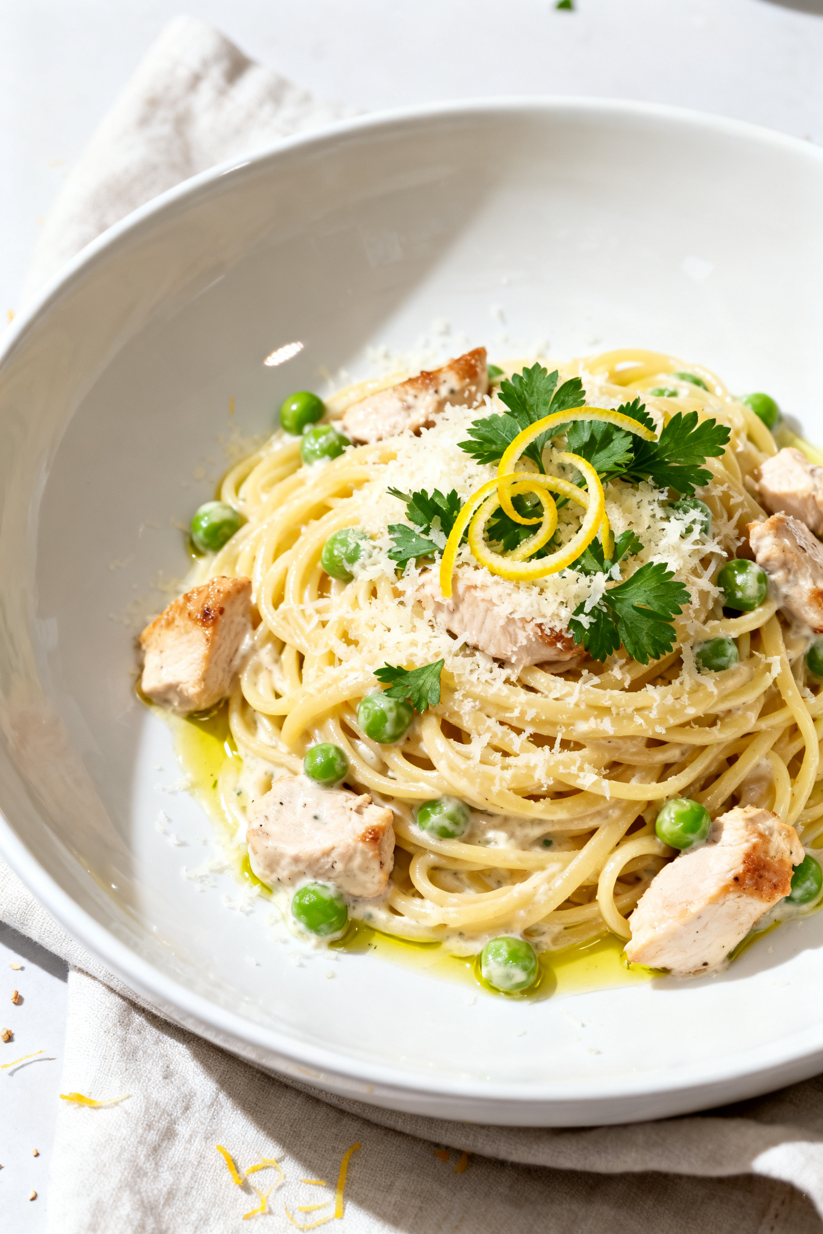 Final dish, beautifully plated: Creamy Lemon Pasta with leftover chicken twirled into al dente spagh