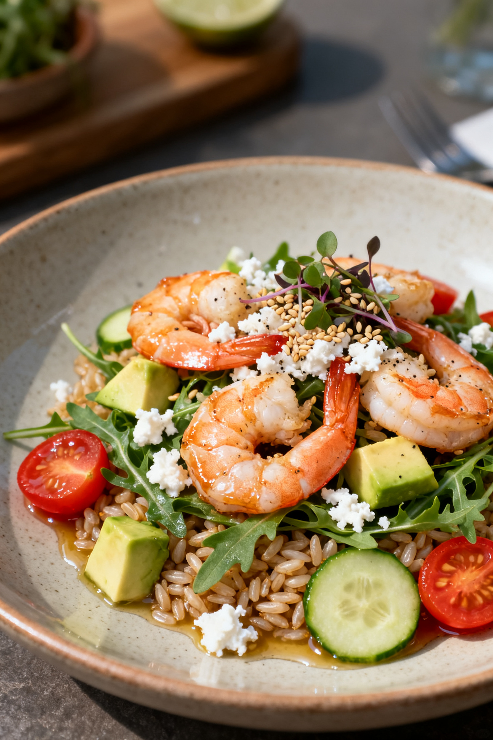 Summer Dinner — Leftover Shrimp Best Bowl in 15 Minutes - Fast, Fresh, and Flavor-Packed Final dish beauty: Restaurant-quality plated shrimp grain bowl, three-quarter angle—shrimp lightly