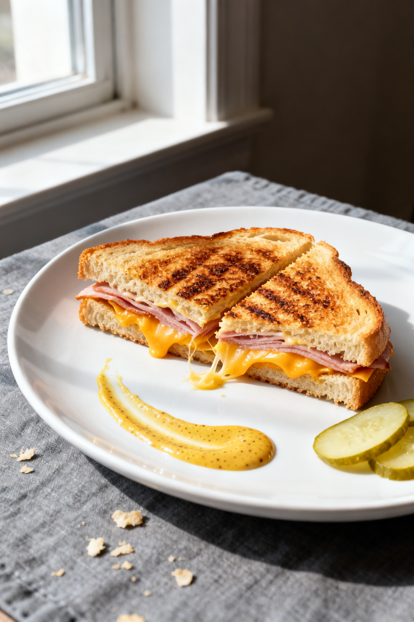 Final dish — Cheesy Ham Toastie: A golden-brown grilled ham and cheddar sandwich sliced on the bia