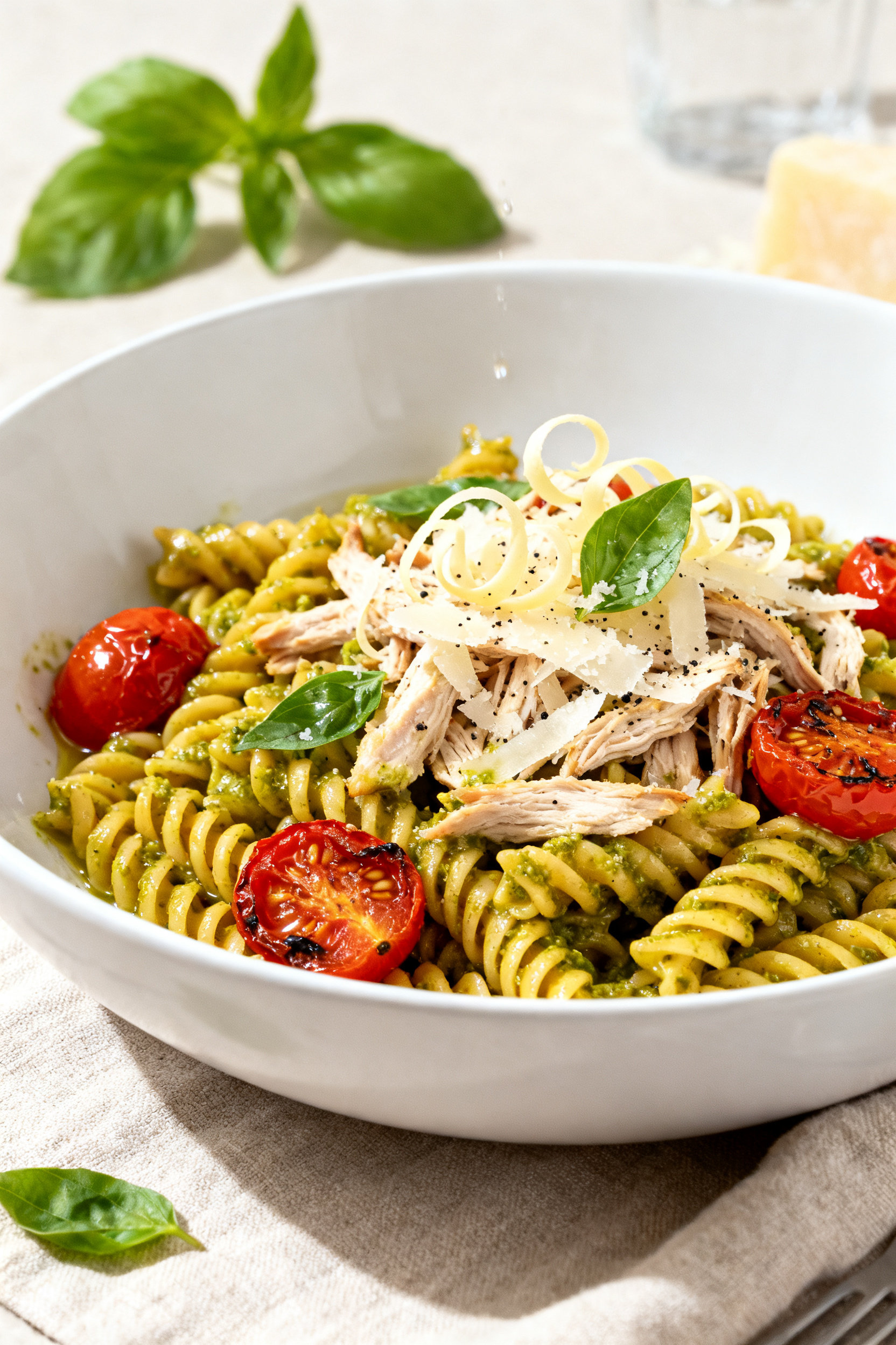 Leftover Dinner Recipes — Dinner From What's Already There - Simple Ways to Turn Extras Into a New Meal Final dish — Chicken Pesto Pasta: Beautifully plated warm rotini coated in vibrant pesto with shre