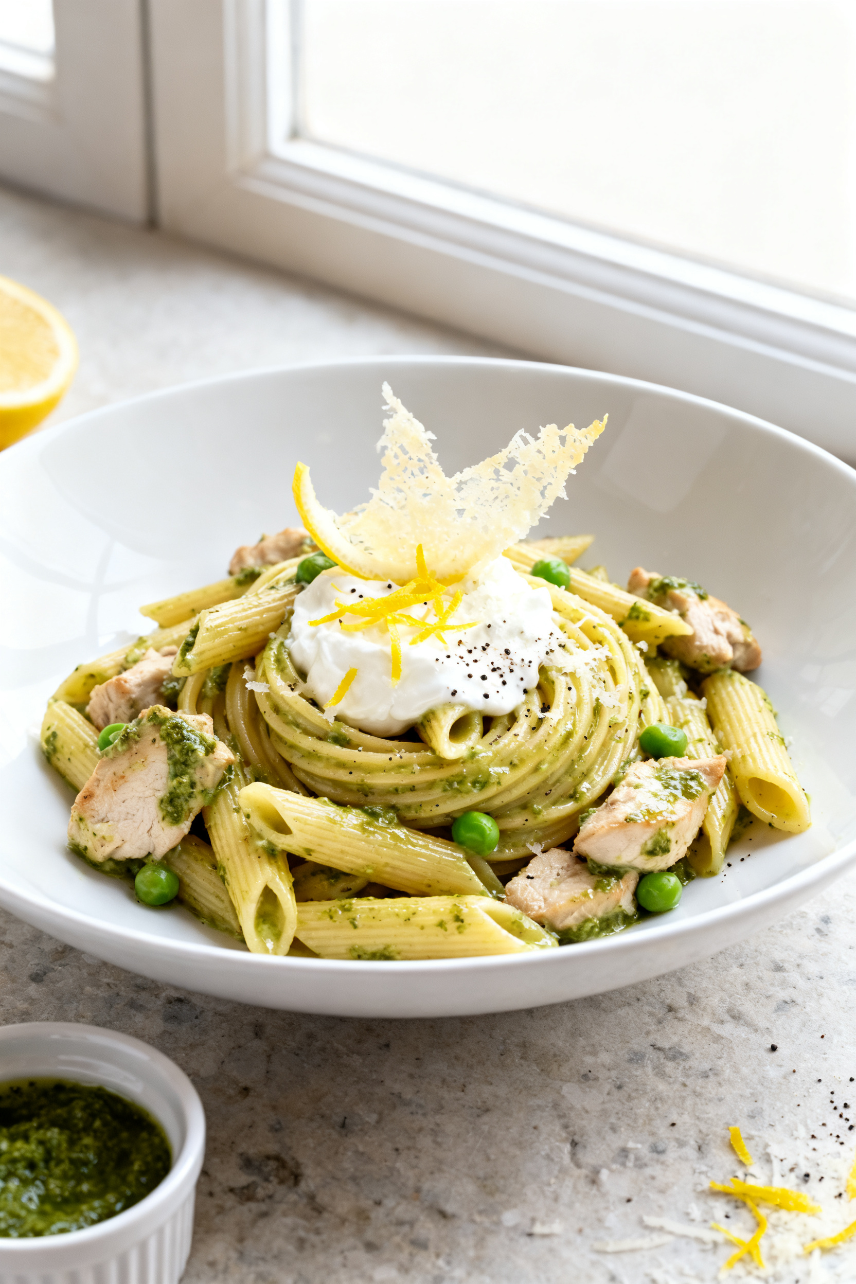 Final dish — Creamy Pesto Chicken Pasta beautifully plated: a twirl of al dente penne coated in gl