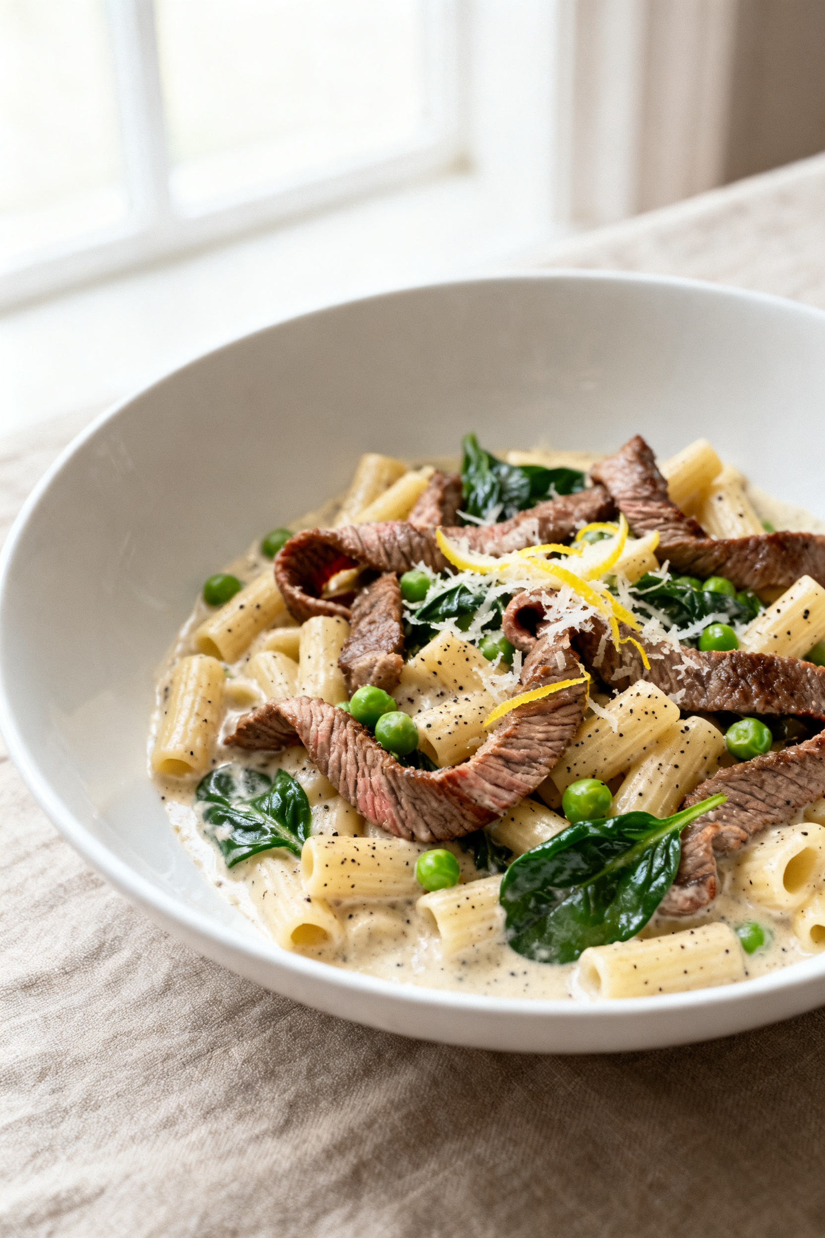 Final dish — Creamy steak pasta: Beautifully plated short pasta in a silky Parmesan cream sauce wi