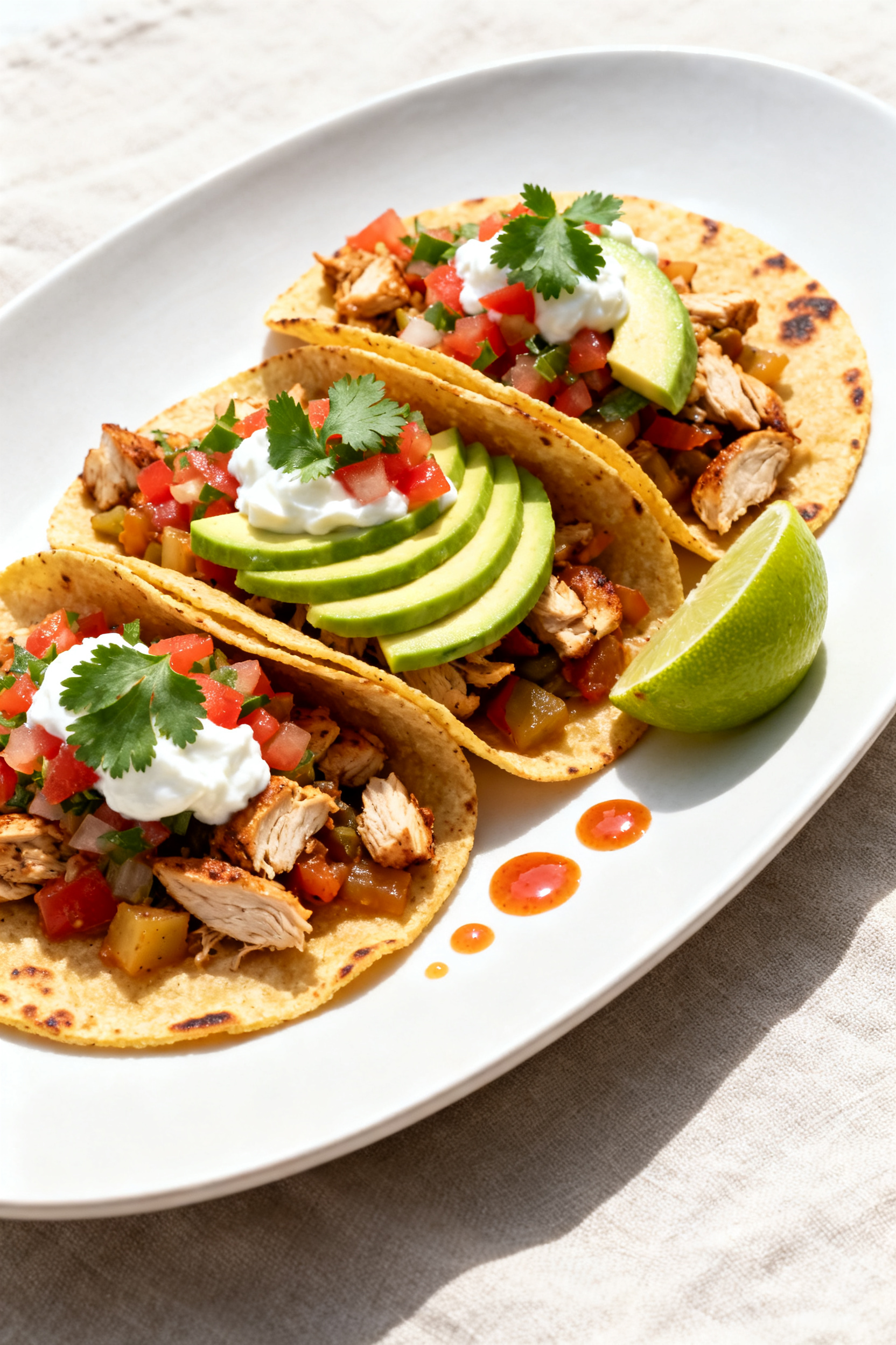 Leftover Meal Prep Ideas — Stretch One Meal Into Three - Smart, Tasty Ways to Save Time and Money Final dish — Leftover chicken veggie tacos beautifully plated: Three street-style tacos on warm, l