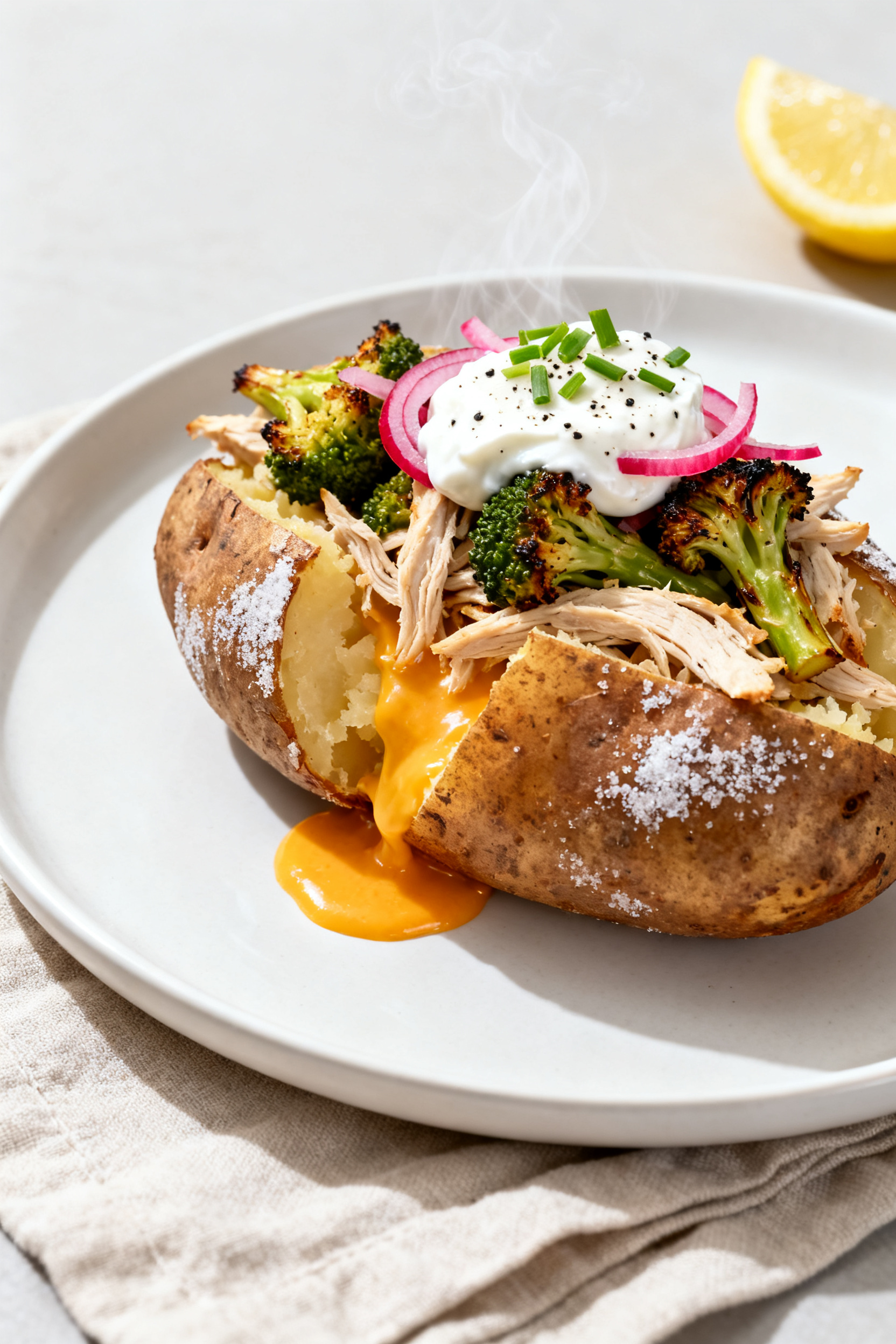 Final dish — Loaded Baked Potato Bar plate: Beautifully plated split baked potato with crackly, we