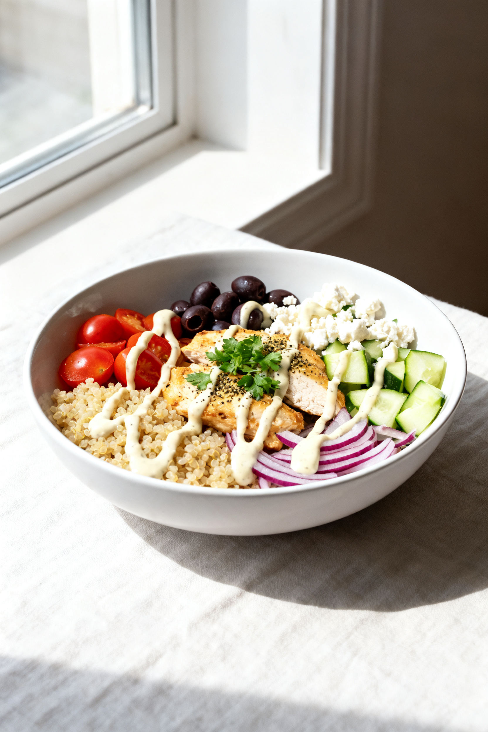 Final dish – Mediterranean bowl: Beautifully plated Mediterranean bowl with lemon-tahini chicken, 