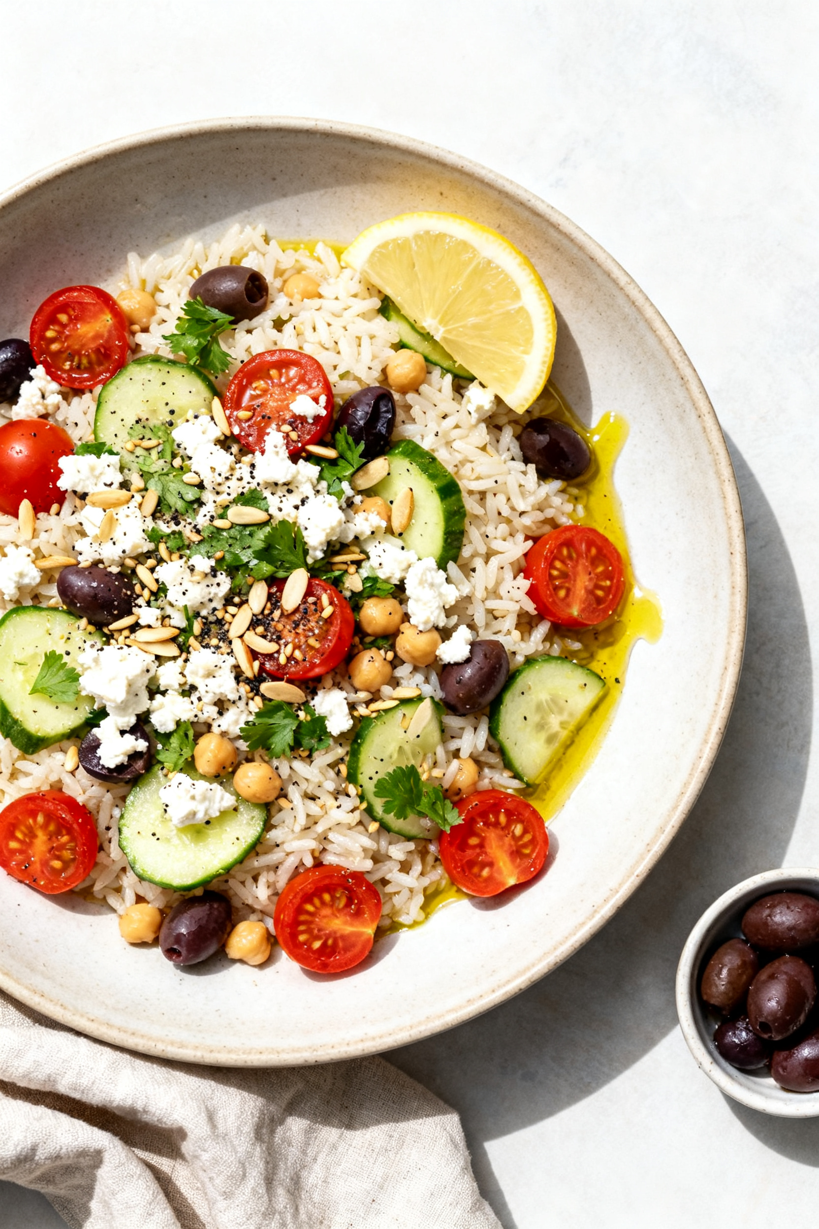Easy Summer Meals — Leftover Rice Recipes Fast and Delicious - Simple, Fresh, and Flavorful Final dish, Mediterranean bowl: Beautifully plated Mediterranean leftover-rice bowl in a low, wide c