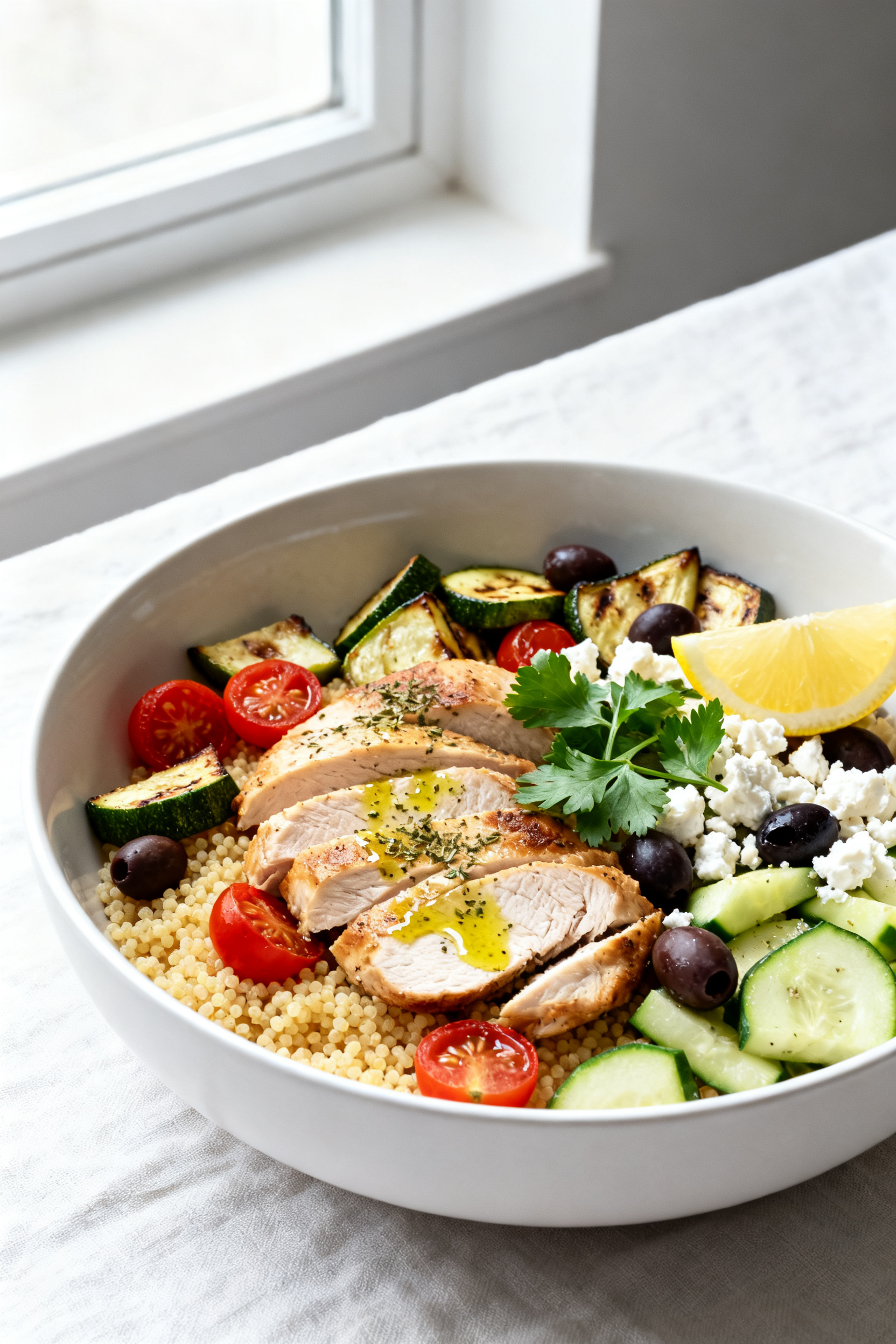 Final dish — Mediterranean leftover bowl: Beautifully plated couscous bowl topped with juicy slice