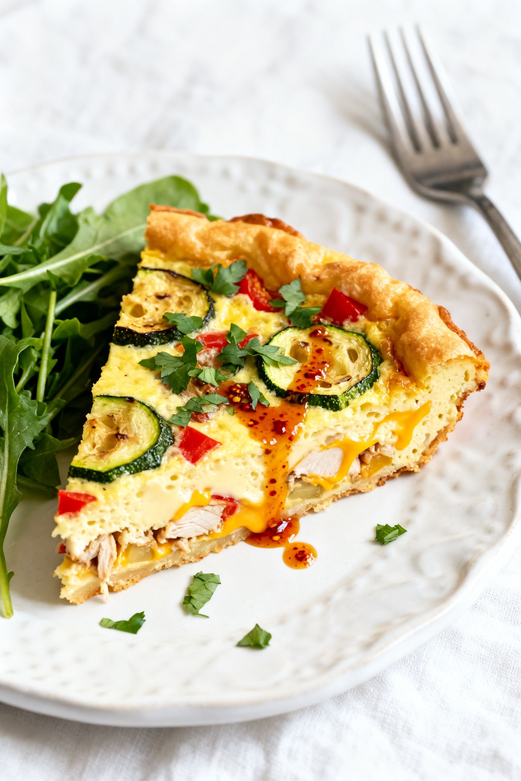 Easy Leftover Recipes - Smart, Tasty Ways to Use What You Have Final dish — Oven-Baked Frittata: Beautifully plated wedge of oven-baked frittata on a white stone