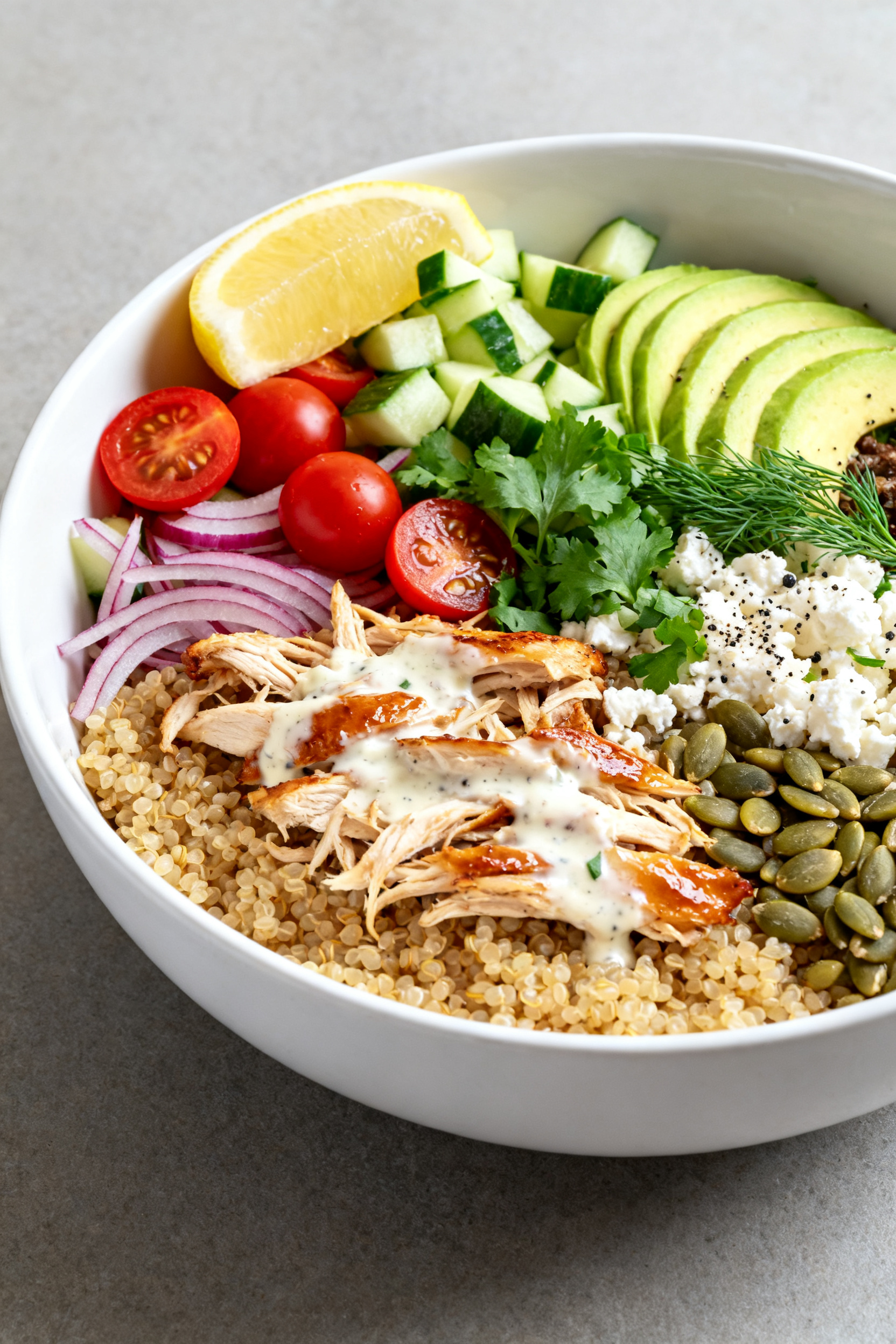 Leftover Rotisserie Chicken Lunch So Good They'll Think You Cooked – Quick, Fresh, and Flavor-Packed Final dish, plated: Mediterranean-style rotisserie chicken grain bowl beautifully arranged in a wide