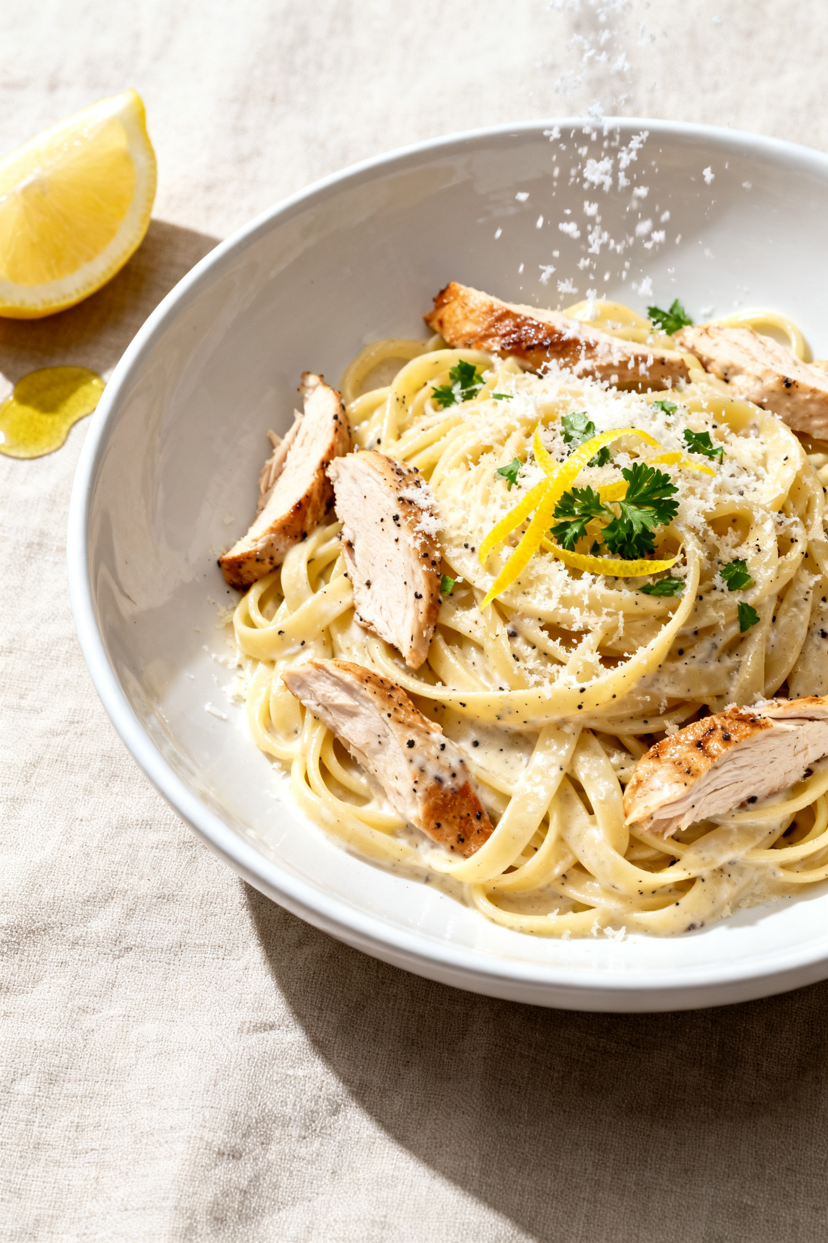 Final dish, plated pasta: Beautifully plated creamy lemon chicken pasta on a wide, white ceramic bow