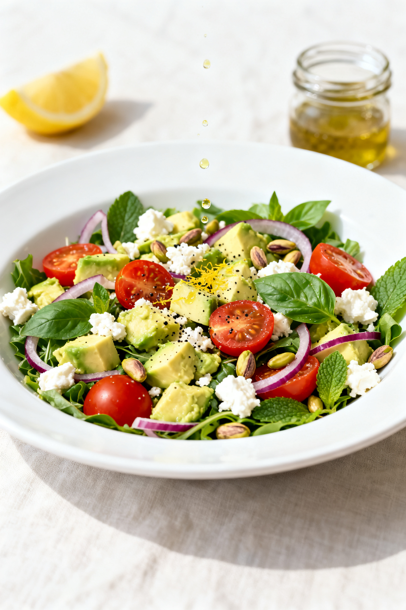 Final dish — Plated summer salad, ready to serve: Beautifully plated mixed-greens summer salad on 