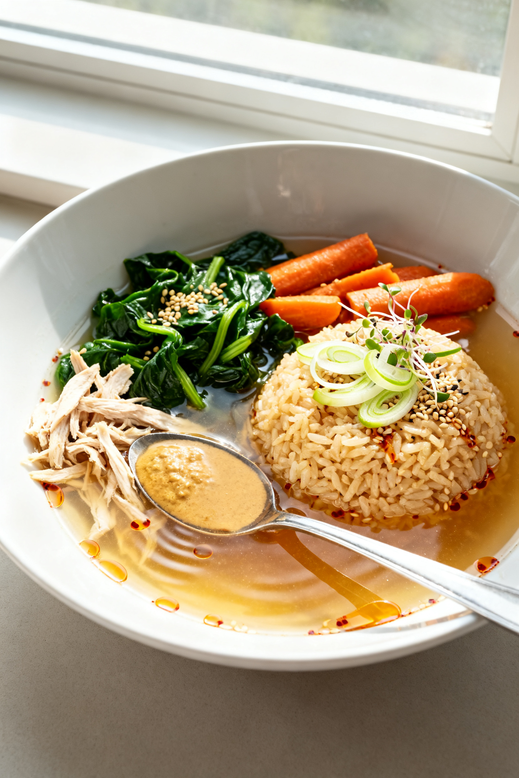 Final dish presentation: 15-minute broth bowl plated beautifully in a wide, shallow white bowl—cle