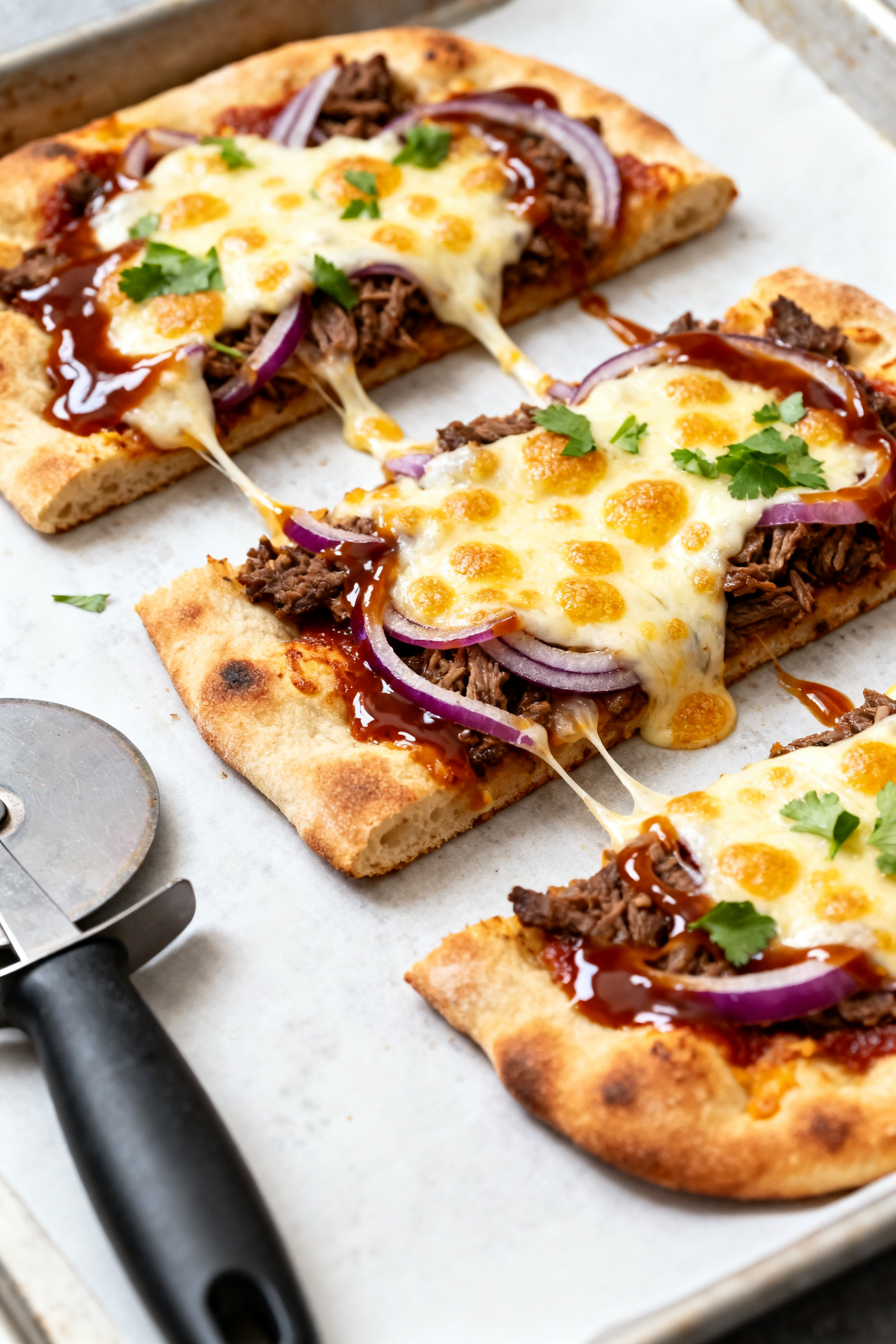 Leftover Ground Beef Recipes — BBQ Beef 3 New Dinners - Simple, Flavor-Packed Ideas Final dish presentation: BBQ Beef Flatbreads fresh from the oven, edges blistered and crisp, melted