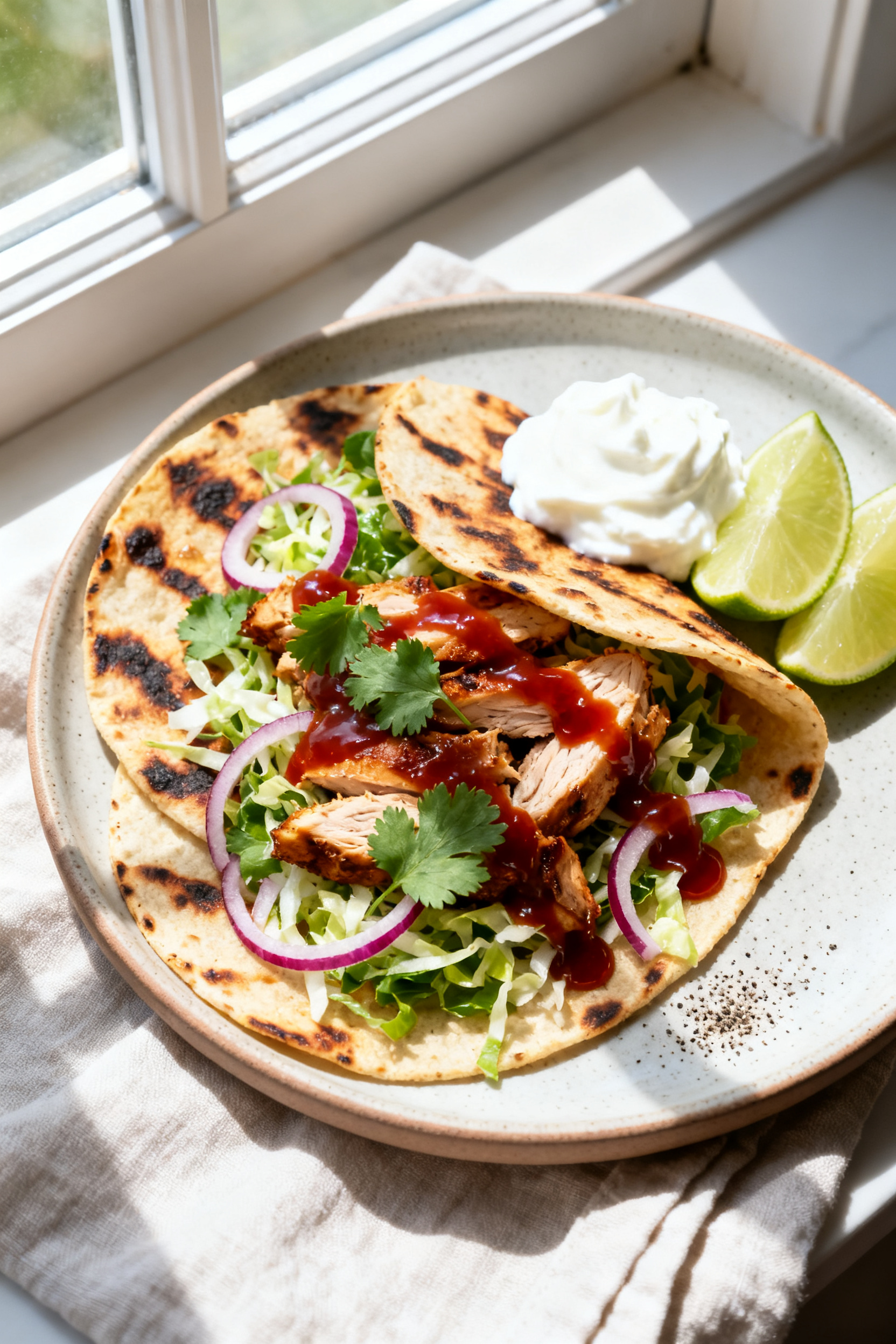 Final dish presentation: BBQ Chicken Street Tacos plated on a matte ceramic platter—warm charred t