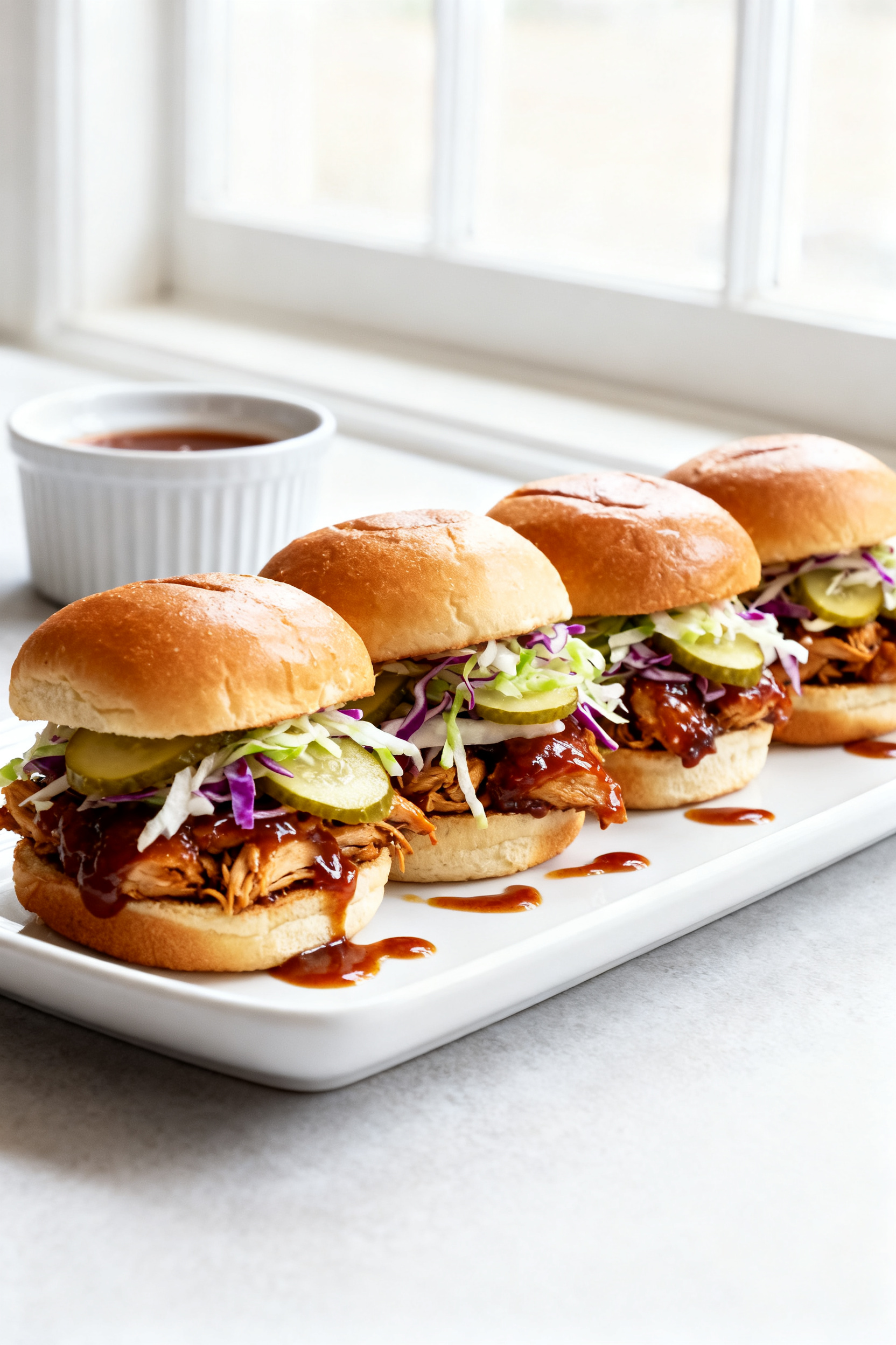 Final dish presentation: Beautifully plated BBQ chicken sliders with tangy slaw and pickle slices on