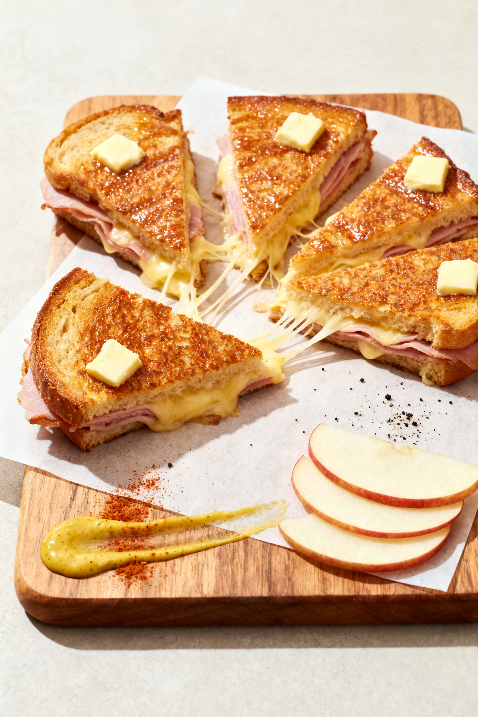 Final dish presentation: Beautifully plated leftover ham grilled cheese quartered and fanned on a wo
