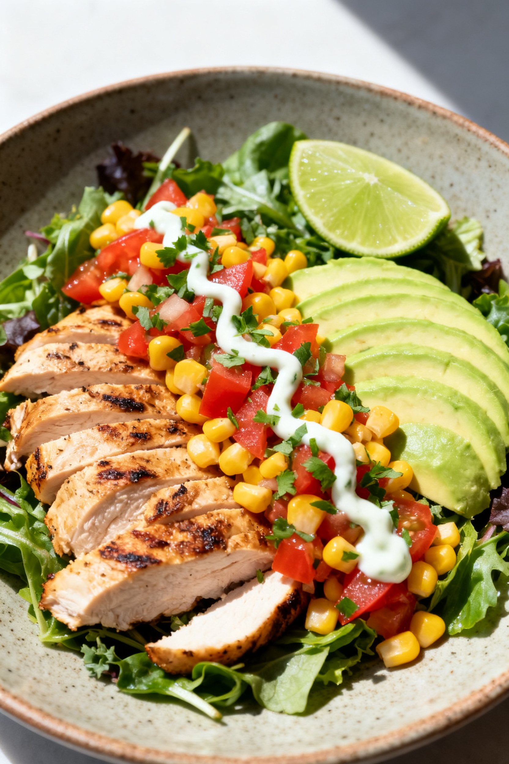 Final dish presentation — Beautifully plated summer chicken salad bowl: mixed greens base topped w