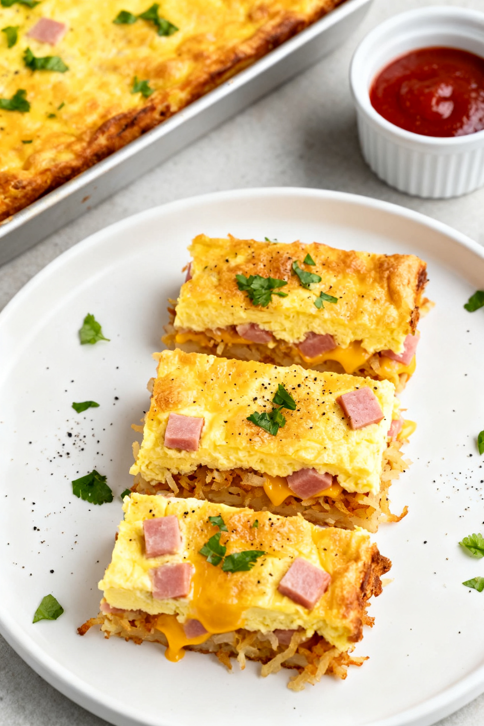 Why Is Every Family Making These Leftover Ham Recipes? - Easy, Comforting Ways to Use Extra Ham Final dish presentation: Cheesy ham and egg breakfast bake sliced and plated, three tidy squares on