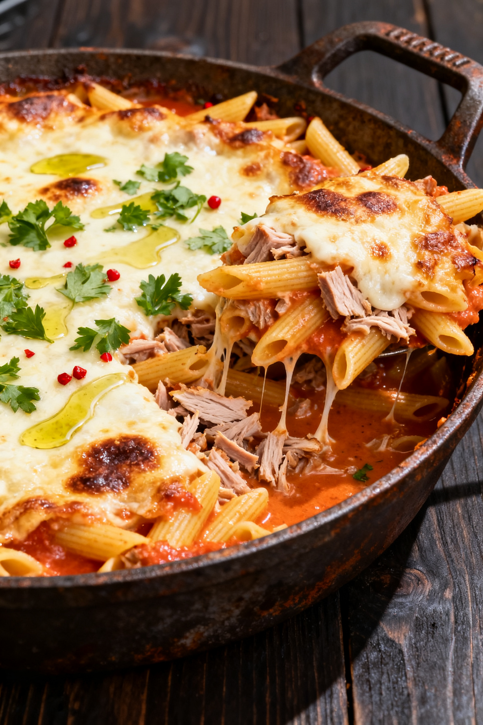 Final dish presentation: Cheesy smoked meat pasta bake just out of the pellet grill, three-quarter a