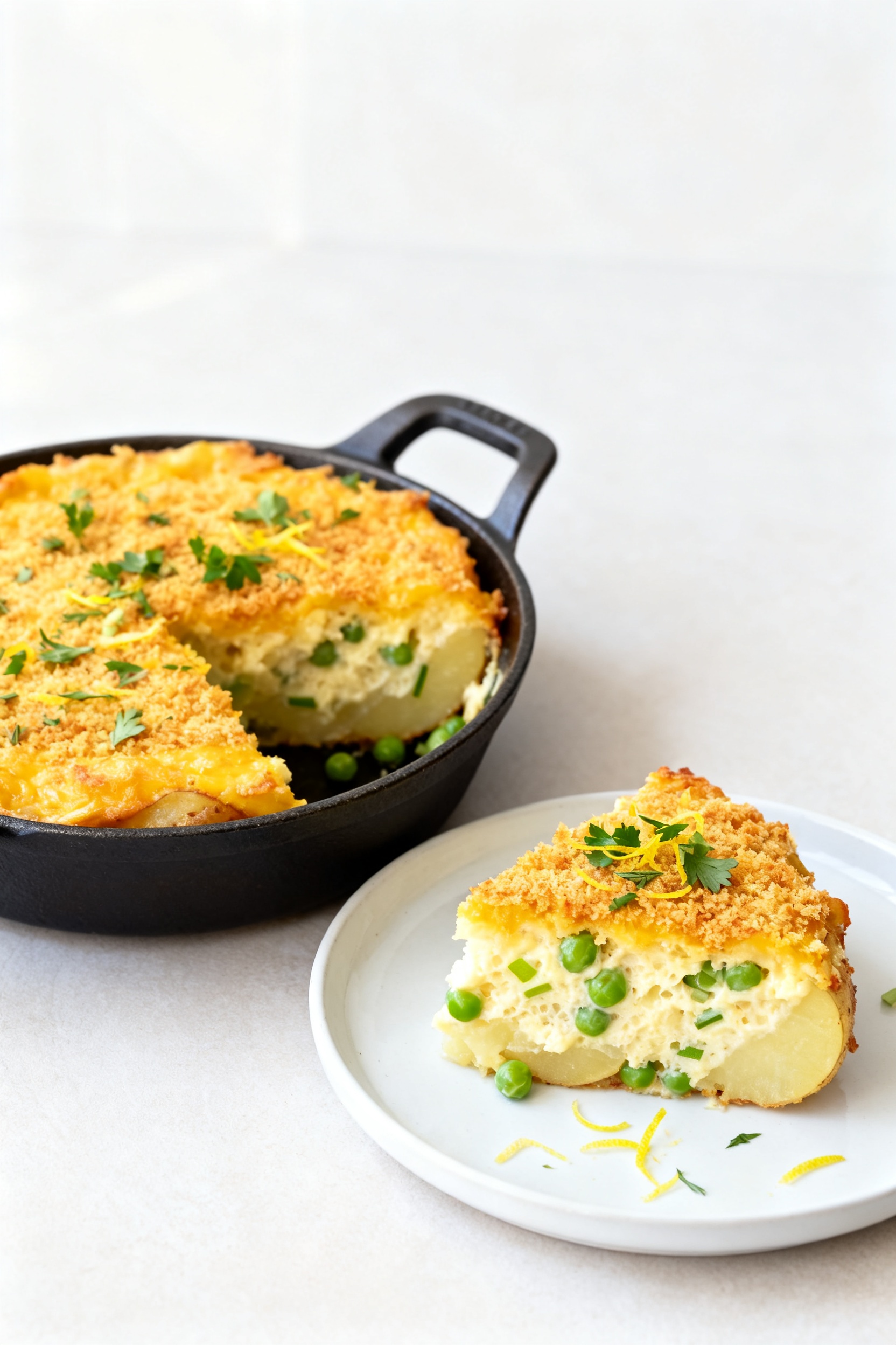 Final dish presentation: Cheesy spring potato bake baked in a small oven-safe skillet, golden and pu