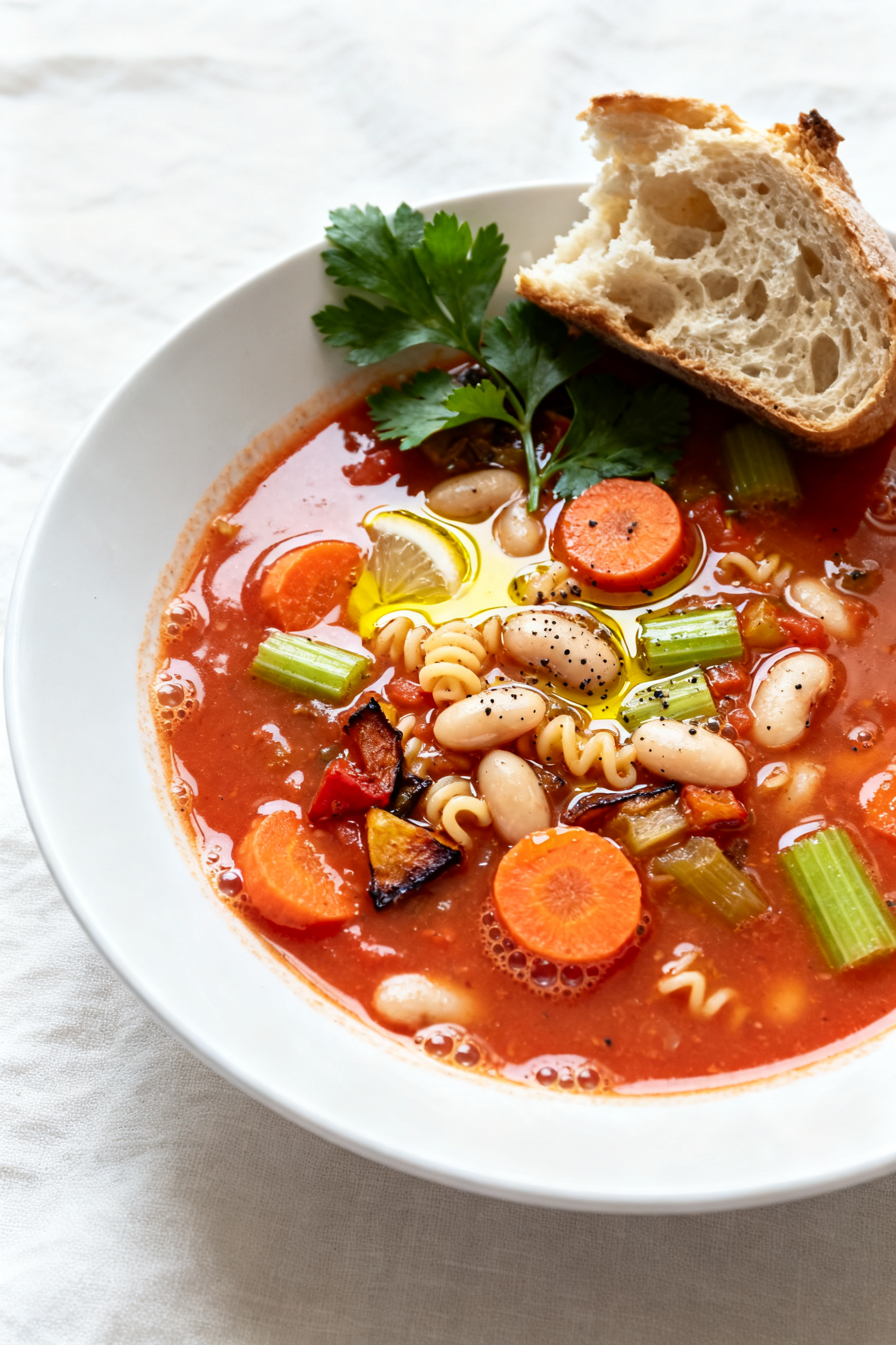 Final dish presentation: Cozy “soup from scraps” plated in a wide white bowl—tomato broth stud