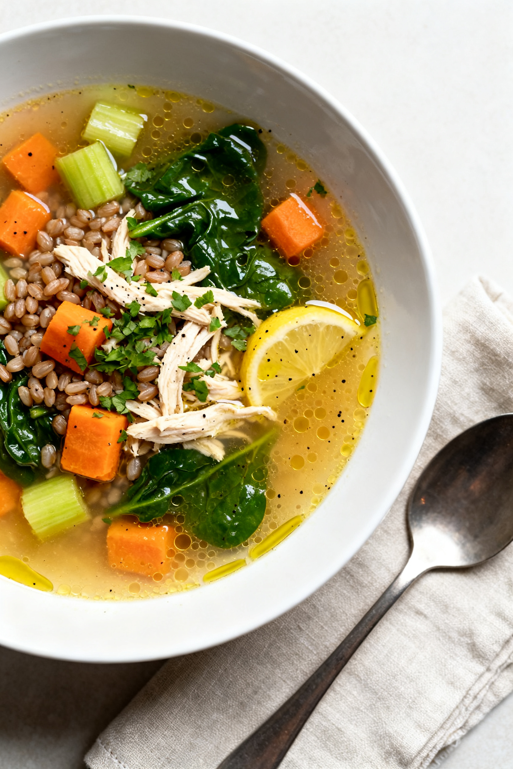 Final dish presentation: Cozy leftover soup in a wide, shallow white bowl—clear golden chicken/veg